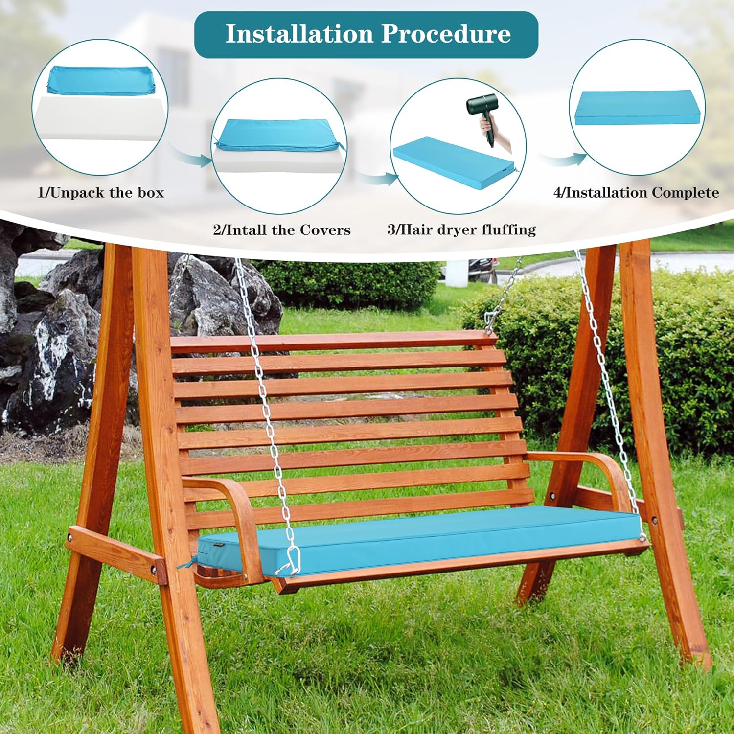 Outdoor Bench Cushions 42 x 18 Inch Thick Waterproof Porch Swing Cushions with Tie Patio Furniture Chair Cushion Bench Pad Color Fastness Backyard Seat Pads Teal