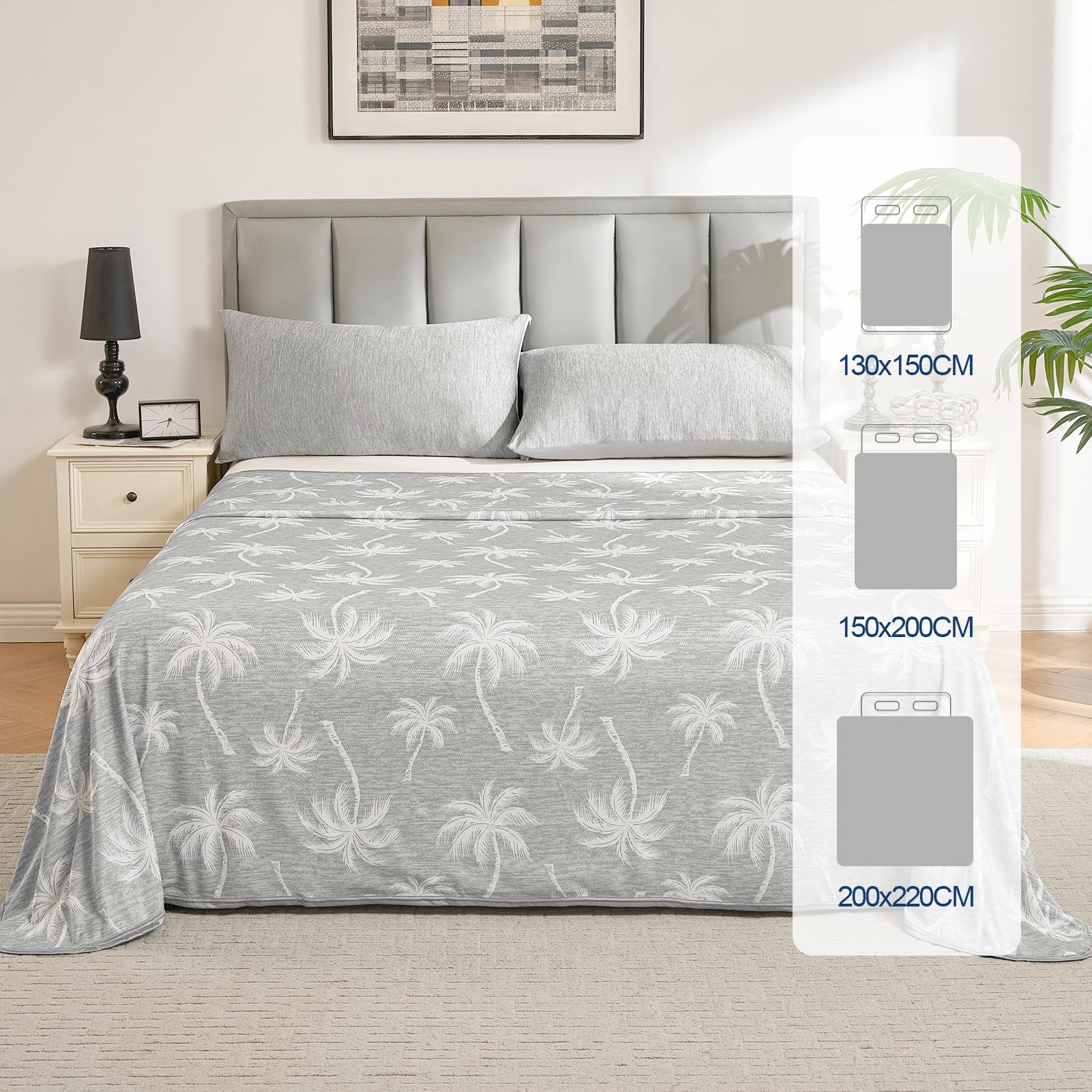 VK·LIVING Kühldecke 150x200cm Grau Doppelseitig Q-Max >0,5 Tropenmuster Atmungsaktiv Sommerdecke gegen Nachtschweiß