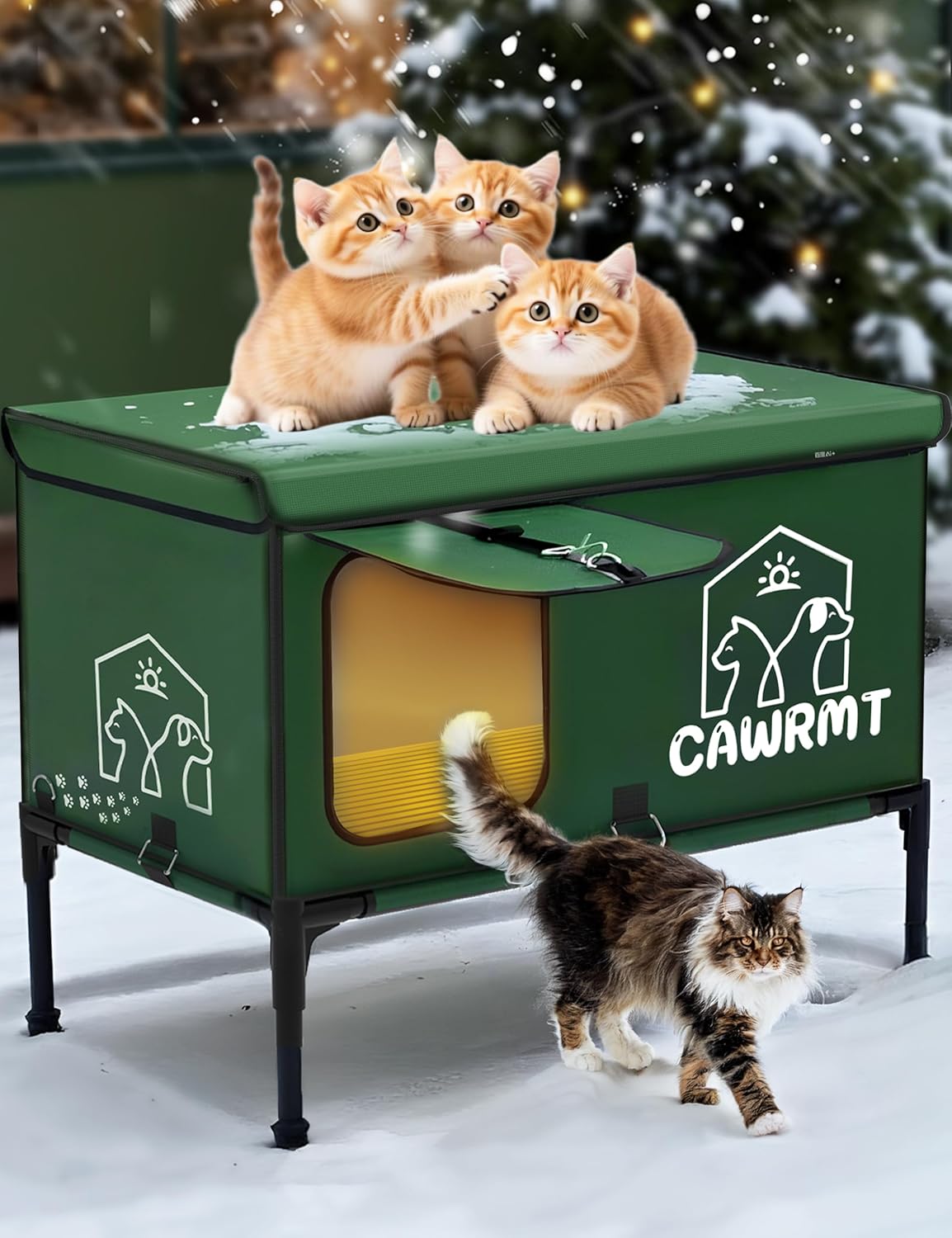 Large Heated Cat House for Outdoor Winter,Full-Coverage Cat House Heater, 100% Waterproof Insulated Outside Cat Shelter for Feral Barn Cat Protection(Green, 21.6X13X17inch) Green L-21.6X13X17