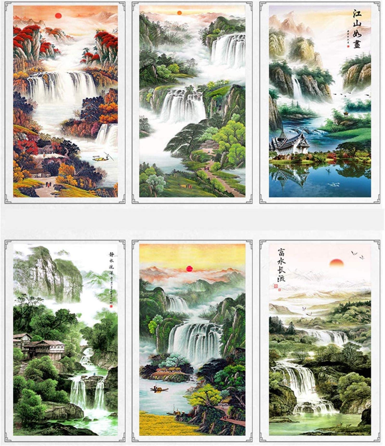 Amazon.co.jp: 中国風掛け軸 壁画スタイルの中国風水滝シルク