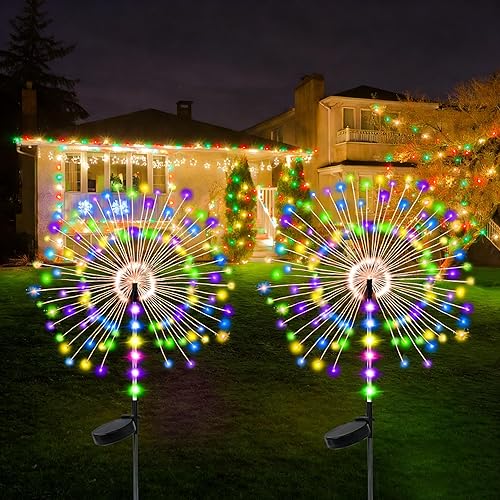 Miniatura 15 de Paquete de 4 luces solares decorativas para exteriores con 480 LED, luces solares impermeables de fuegos artificiales con 8 modos, adecuadas
