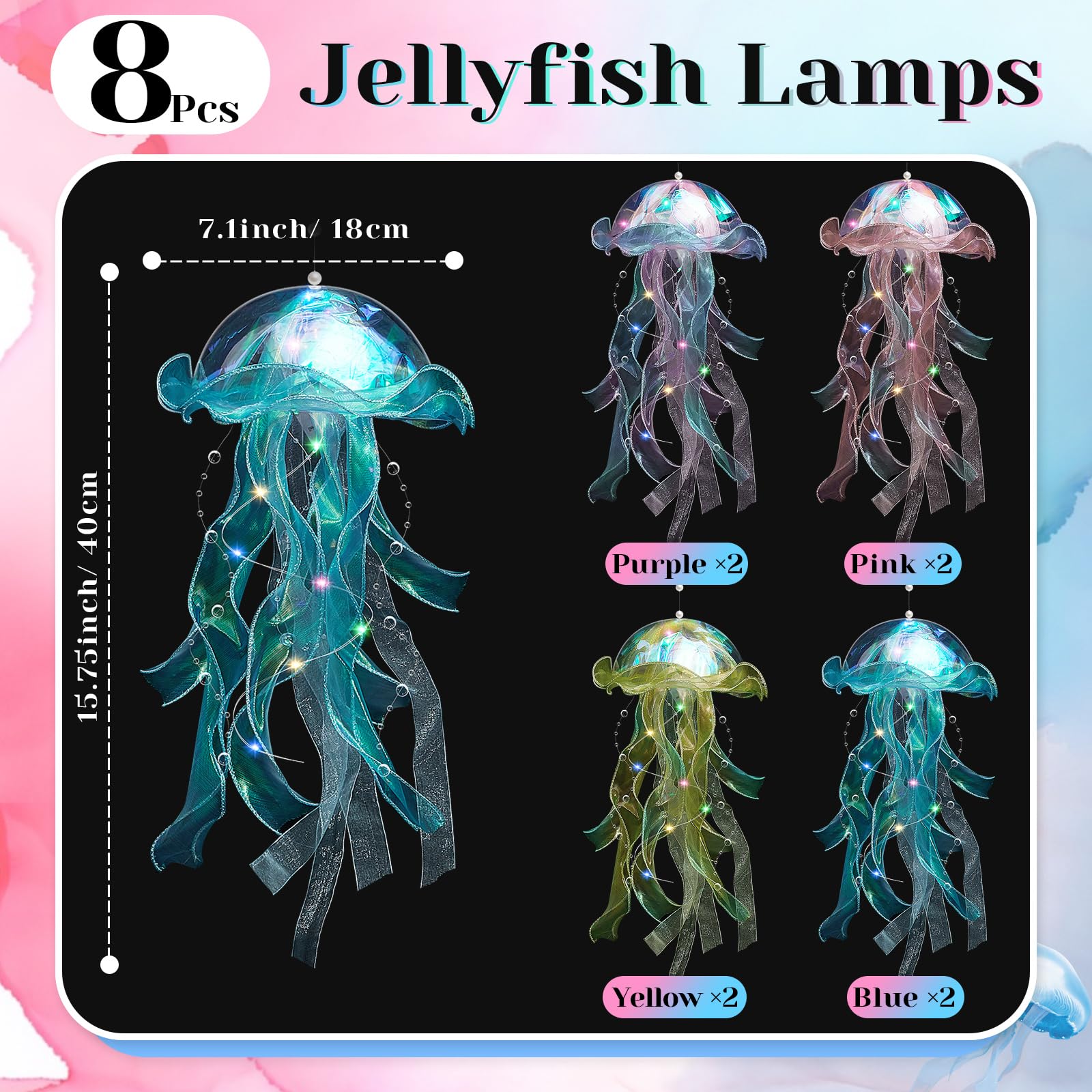 Rossesay 8 Pcs Colorful Jelly Fish Light Lamp Hanging Jellyfish Decorations LED Jellyfish Lantern for Birthday Under Sea Mermaid Wedding Baby Shower Ocean Theme Ceiling Bedroom Decor