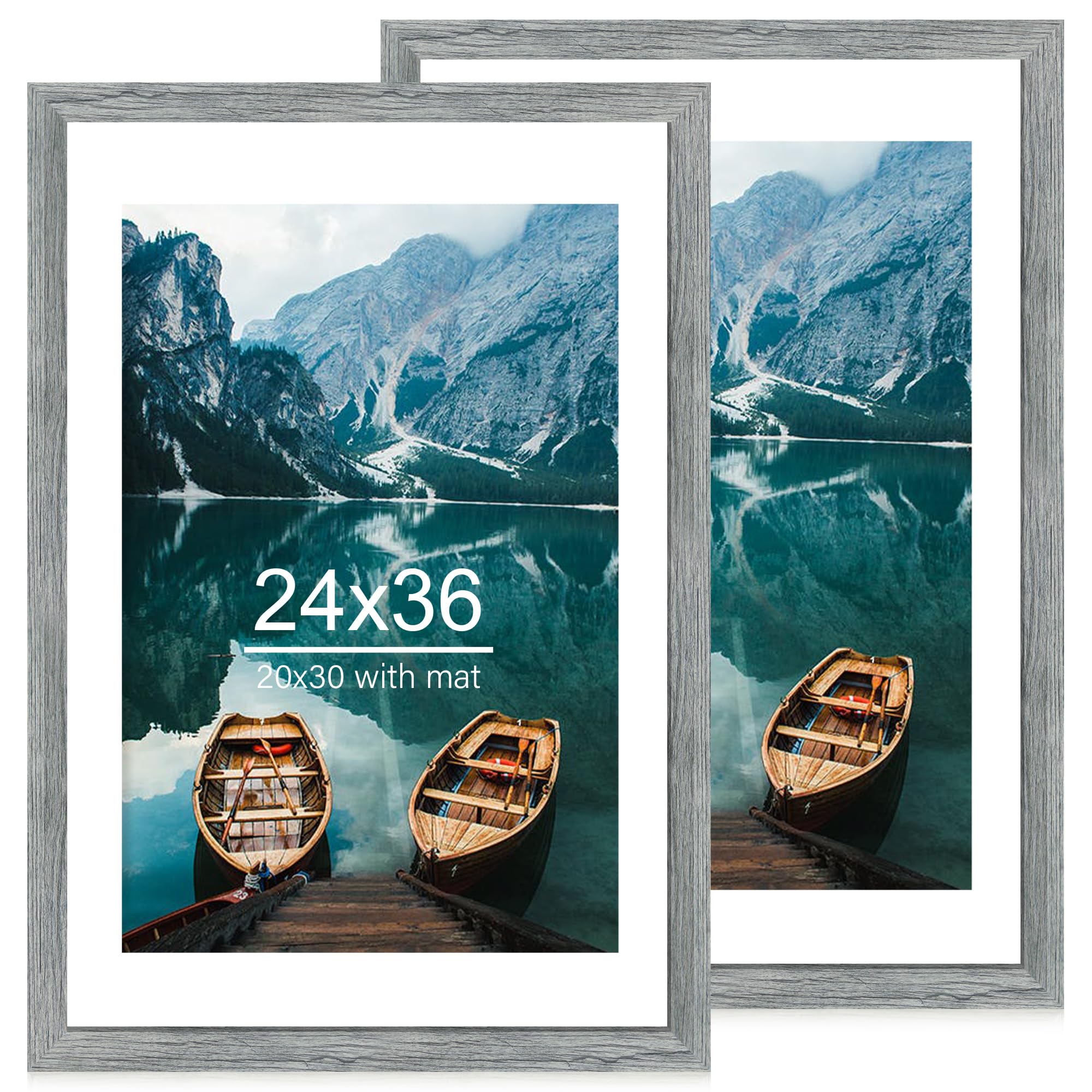 Hongkee 24x36 Poster Frame Set of 2, Rustic Grey Wood Style - Display 24 x 36 Poster without Mat or 20x30 Picture with Mat, Wall Mounting Horizontal