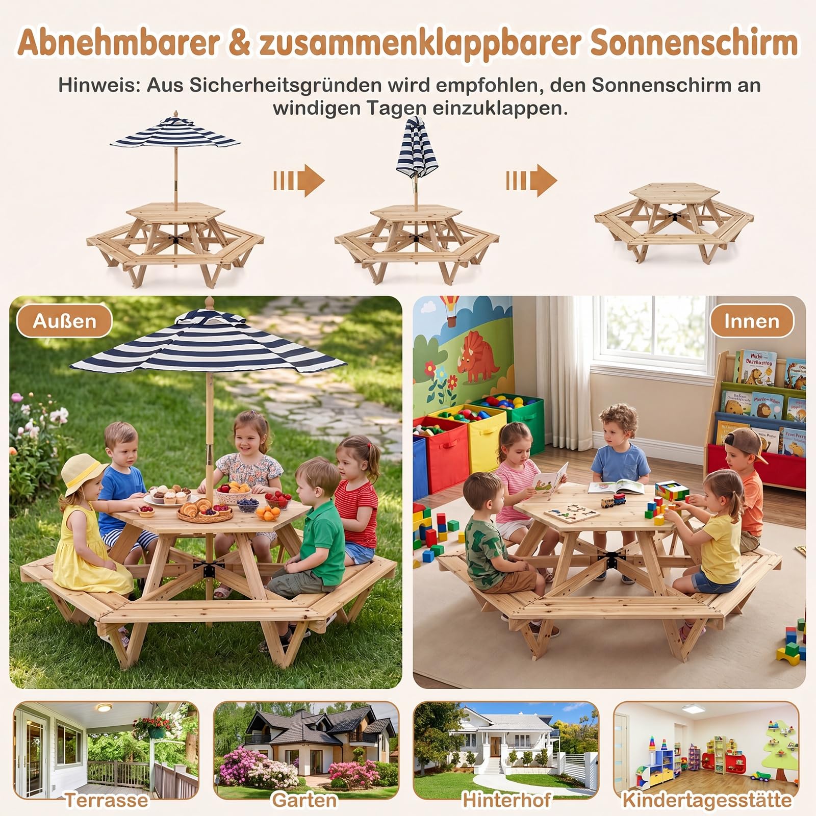 COSTWAY Kindersitzgruppe Outdoor mit höhenverstellbarem Sonnenschirm | Kinder Picknicktisch sechseckig mit Bänken, Kindersitzgarnitur für 6 Personen, Gartenmöbel aus Holz für Garten, Terrasse