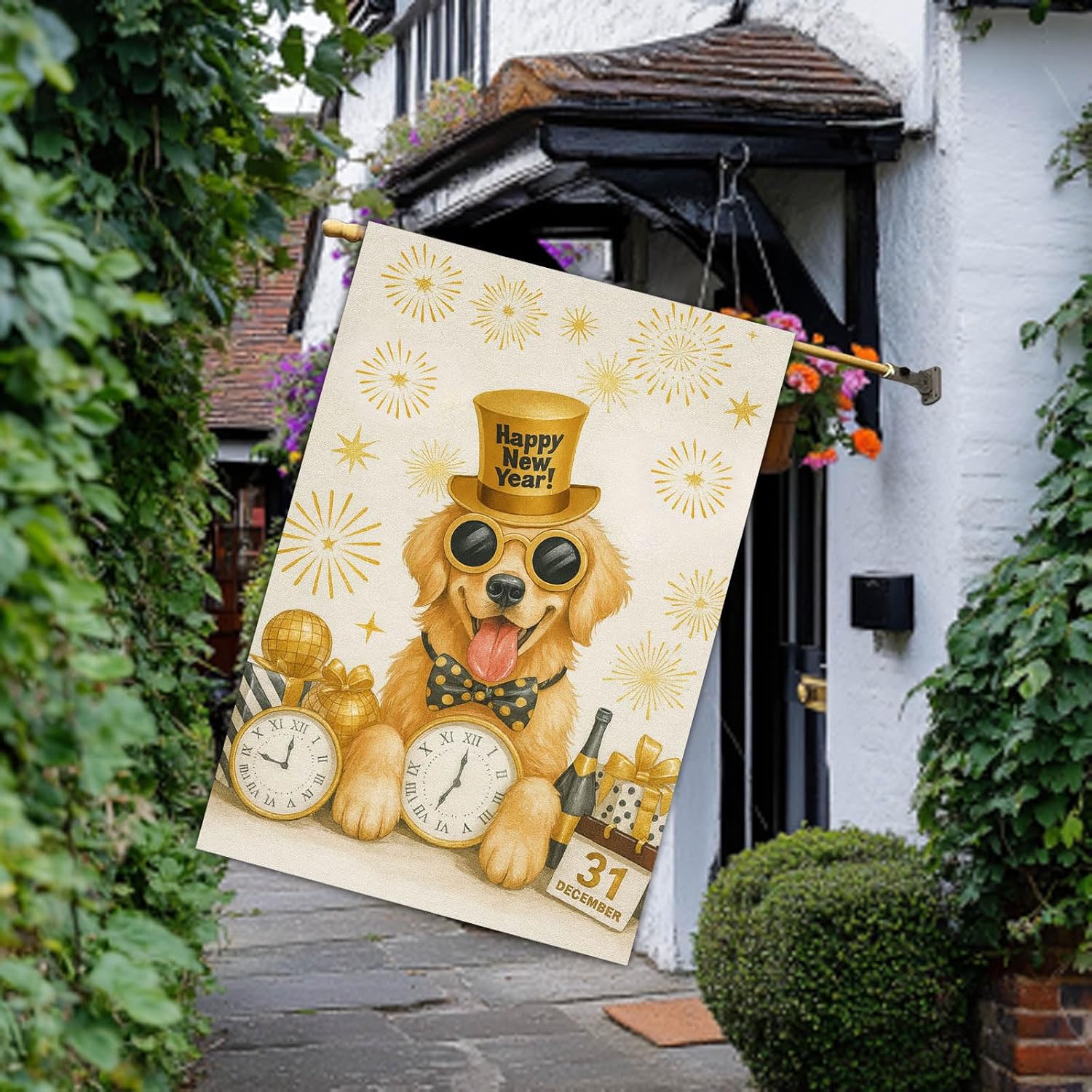 Happy New Year House Flag 28x40 Inch Double Sided Garden Flag Dog with Hat Clock and Fireworks Design Winter Holiday Yard Banner Large Outdoor Polyester Flag for Porch Lawn Home Decoration - Image 6