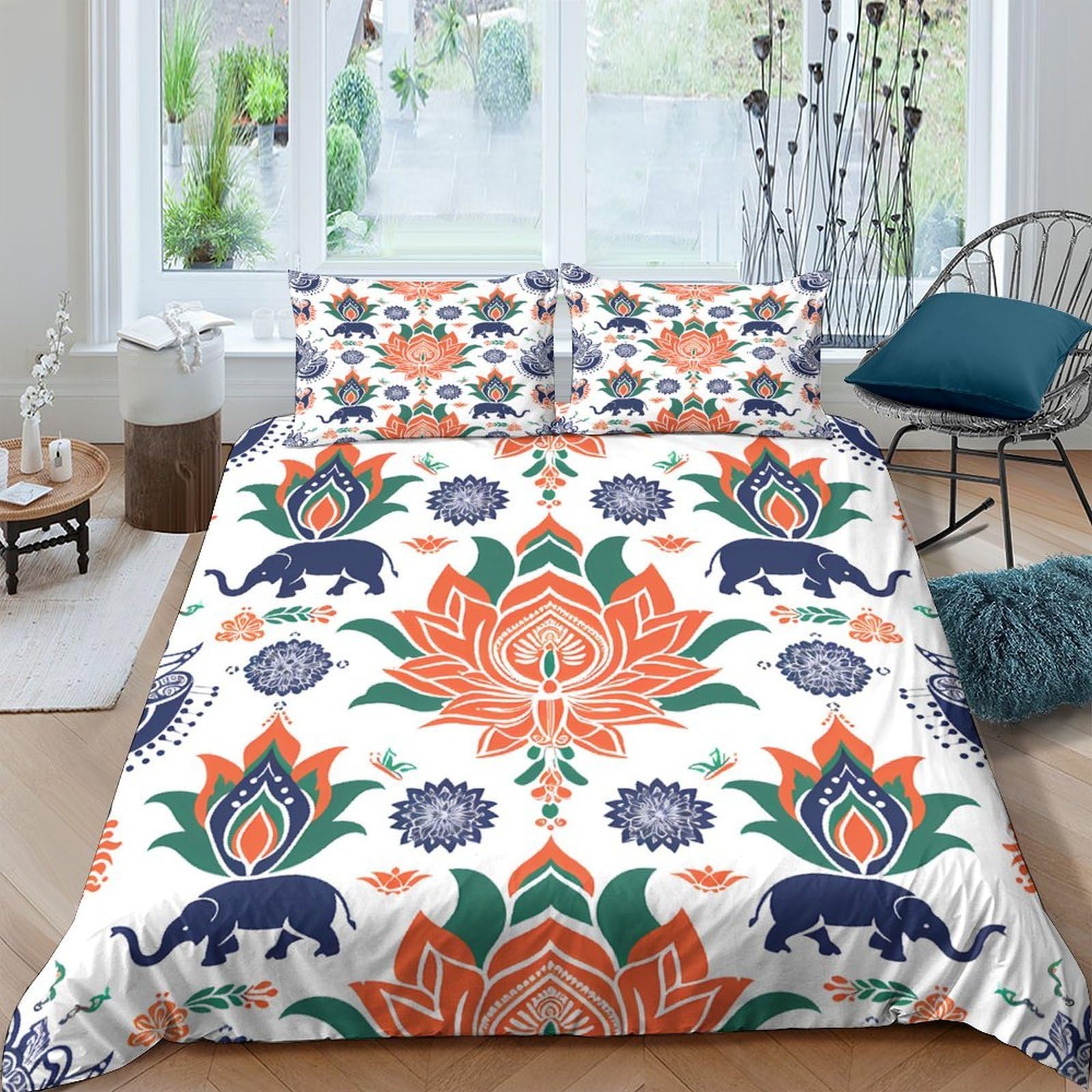 Ctjqhvkz Style-2 3D Printed Lotus Elephant Fitted Sheet Microfiber Soft Floral Mandala Bed Cover For Bedroom Dorm Mattress Decor Single（135X200cm）