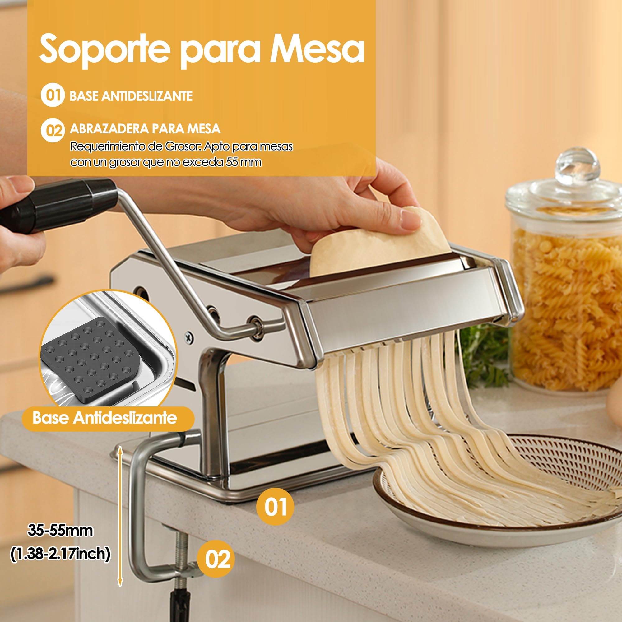 Máquina para Hacer Pasta Manual, Máquina para Hacer Pasta Profesional de Acero Inoxidable con 9 Ajustes de Espesor Ajustables y 2 Cortadores, para Espaguetis, Fettuccini, Lasaña