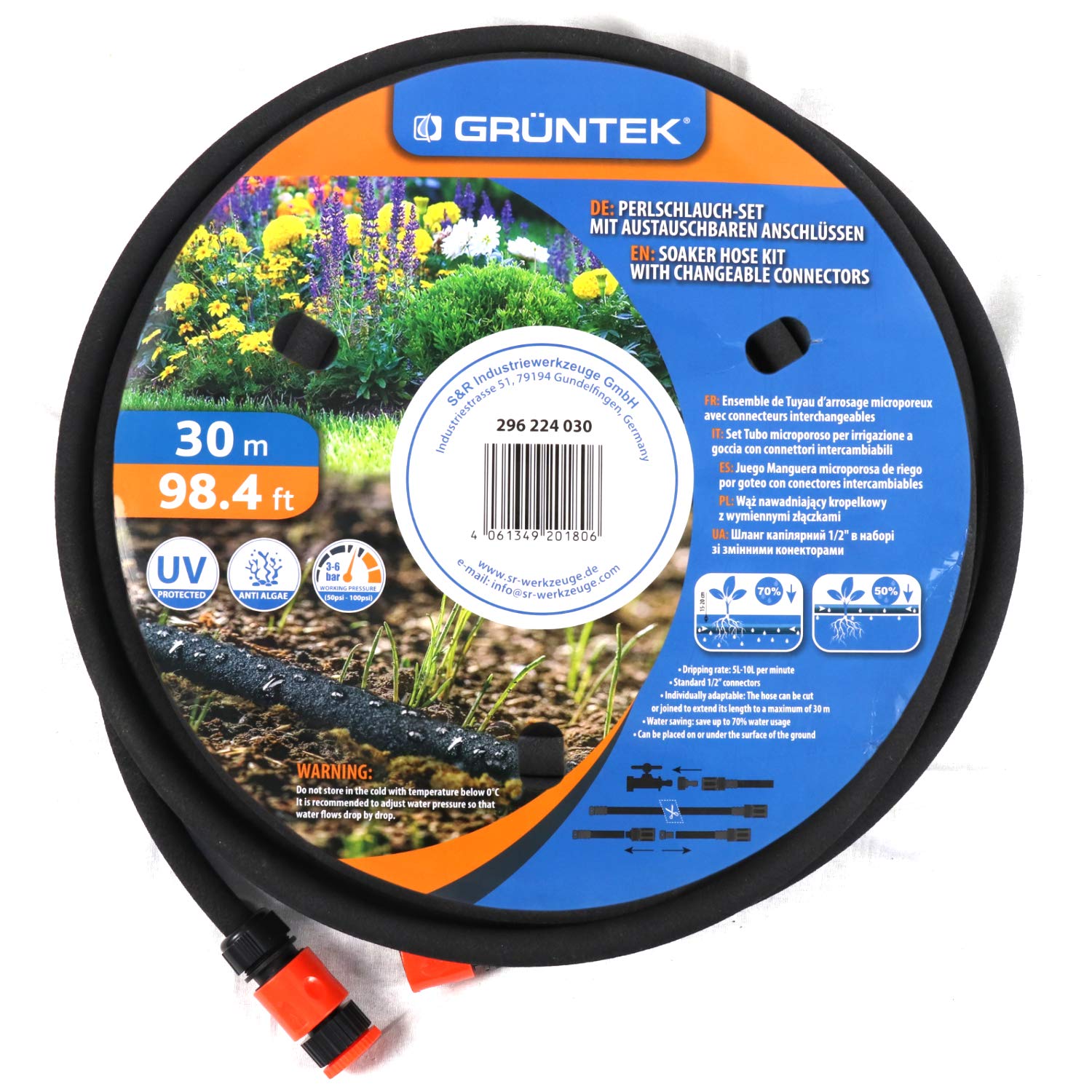 GRÜNTEK Tropfschlauch Set, Perlschlauch 30 m, inkl. Konnektoren 1/2', 3/4', Quick-Fix, UV- und Algen-Schutz, bis zu 70% wassersparender Perl-Regner für umwelt- und pflanzenschonende Bewässerung