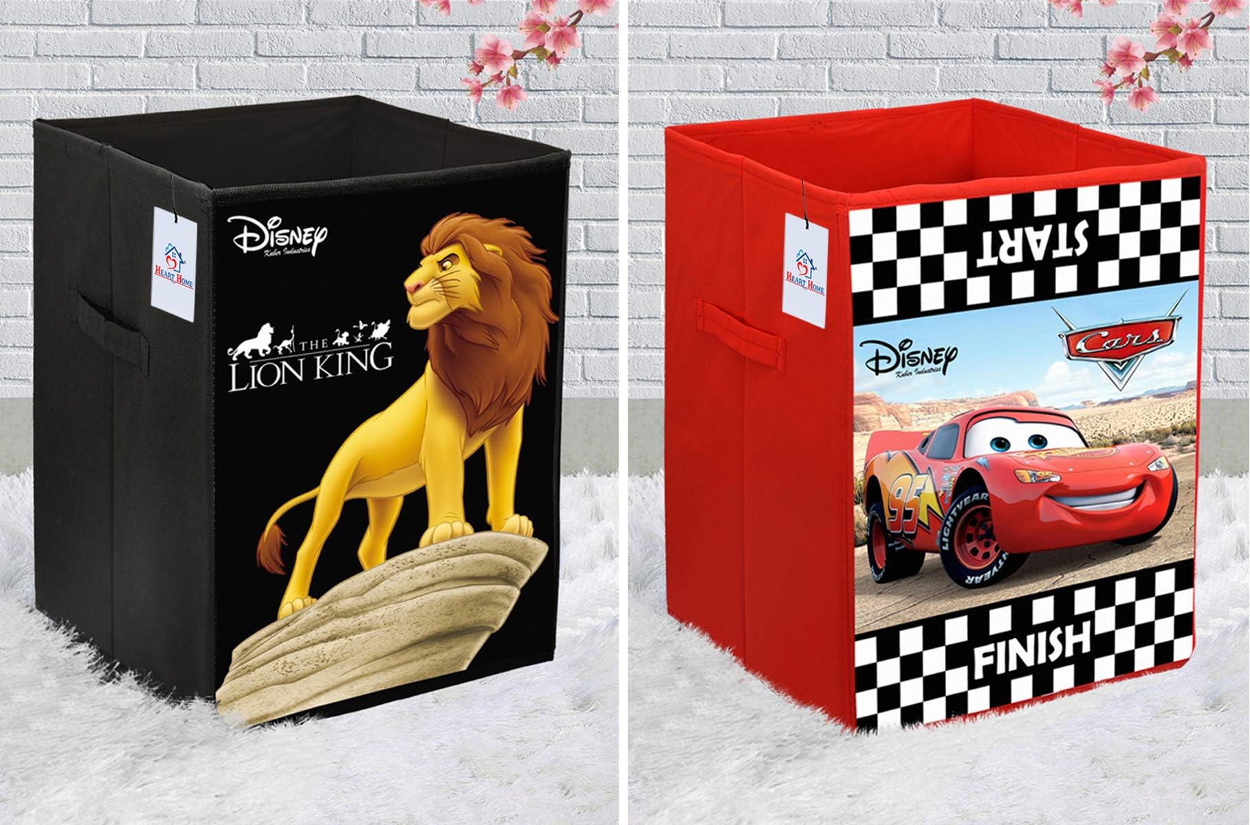 Disney Cars & Lion King Print Non Woven Fabric Foldable Laundry Basket, Toy Storage Basket, Cloth Storage Basket with Handles (Set of 2, Black)-HEART10388