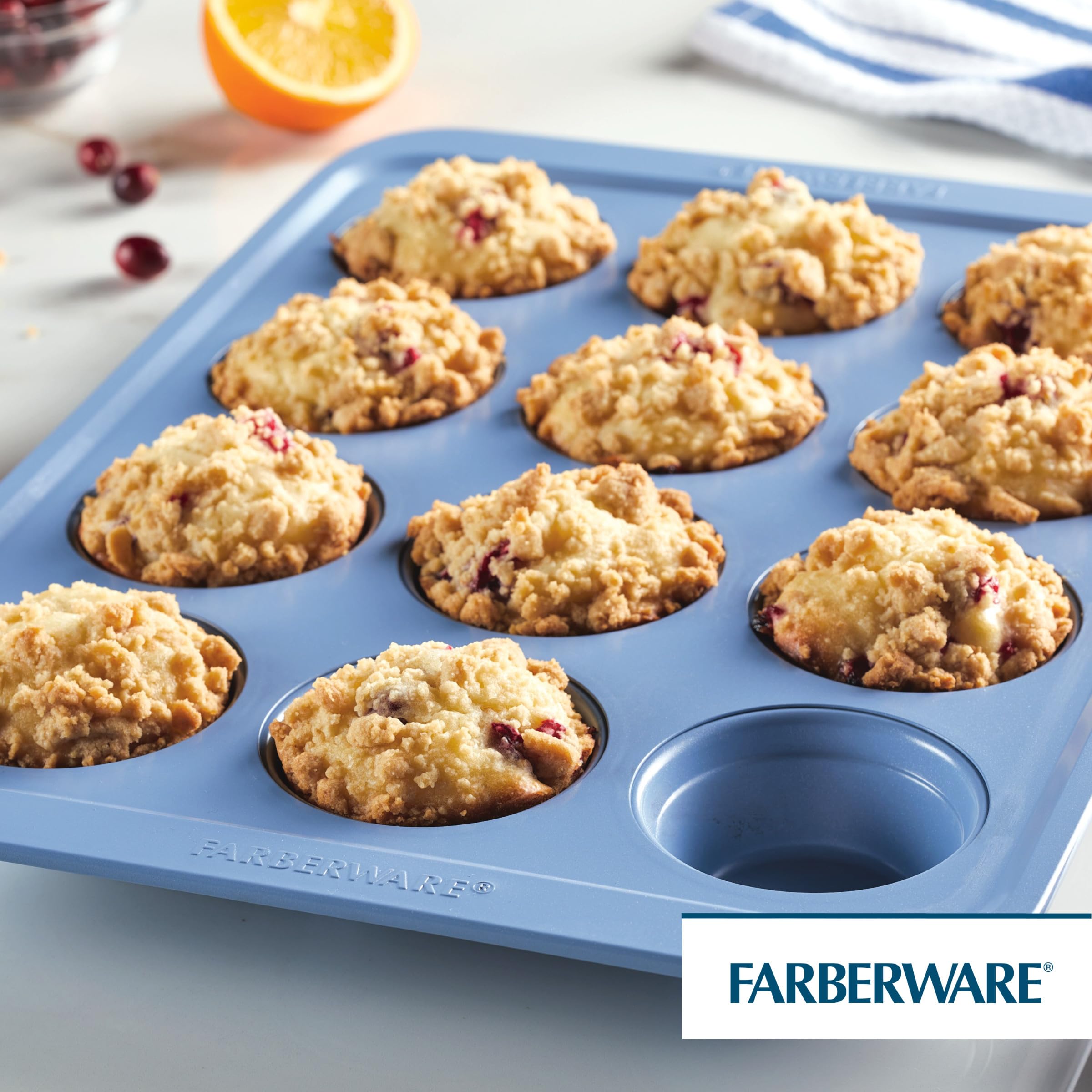 Farberware Easy Solutions - Molde antiadherente para hornear magdalenas/magdalenas, 12 tazas con líneas de relleno, color azul