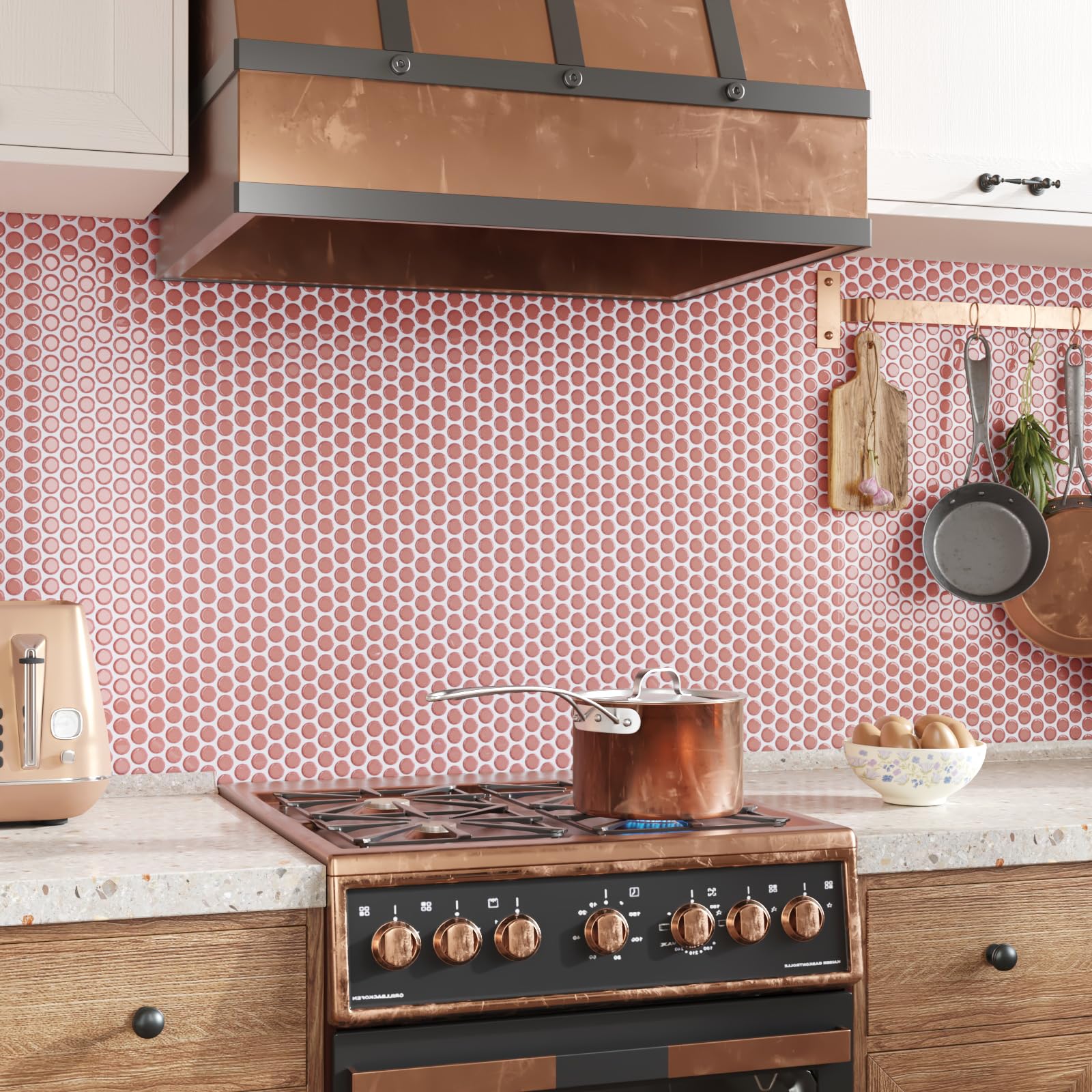 CRE8TIVE Azulejos Adhesivos Rosa Redondo 16 Piezas Vinilos Azulejos Autoadhesivo Mosaico Adhesivo Azulejos Adhesivos Cocina Moderno Cenefas Adhesivas Baño Impermeable Baldosas Lavadero 30.5 x 30.5cm