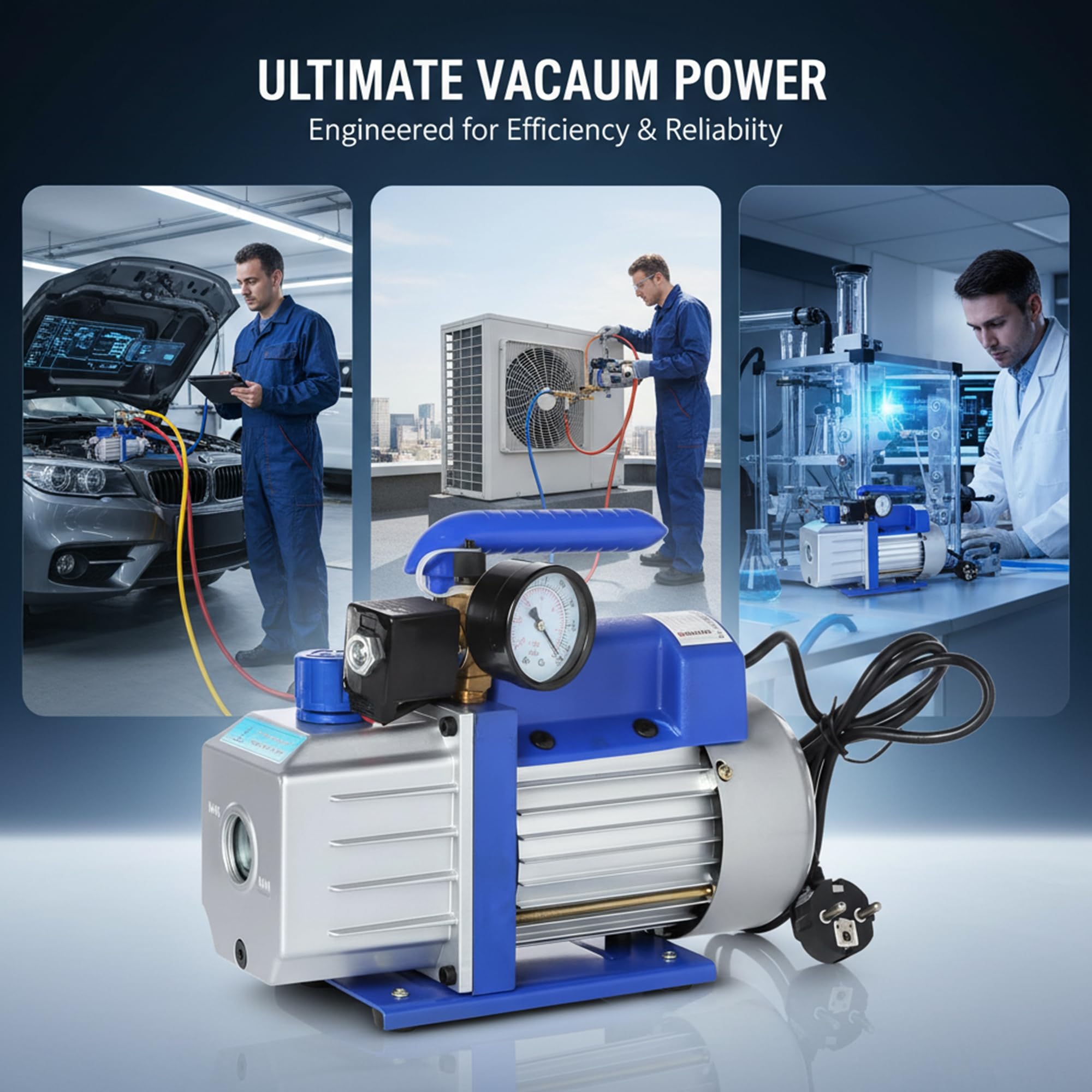 Mucola Vakuumpumpe 99 L/Min 250 Watt Aluminium 230V – Unterdruckpumpe mit Schauglas, Vakuum bis 5 Pa, Schlauchanschlüsse 1/4" und 3/8" SAE | für Klimaanlagen, Kältetechnik und Wärmepumpen Service