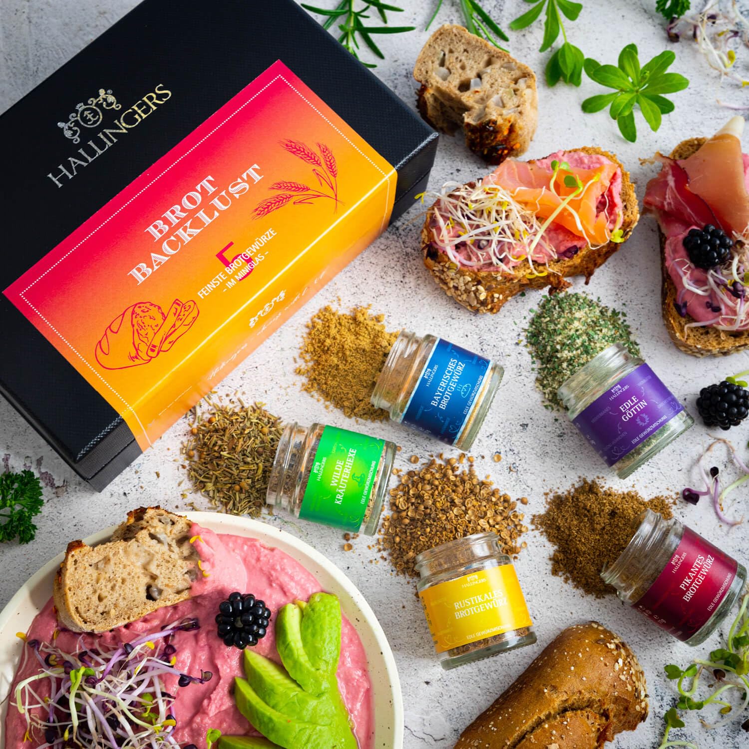 Hallingers Genuss Manufaktur Gewürz Geschenk-Set - 5 Gewürze aus aller Welt in wertiger Geschenkbox mit Rezept-Booklet "Brot-Backlust", Geschenkidee für Frauen Männer