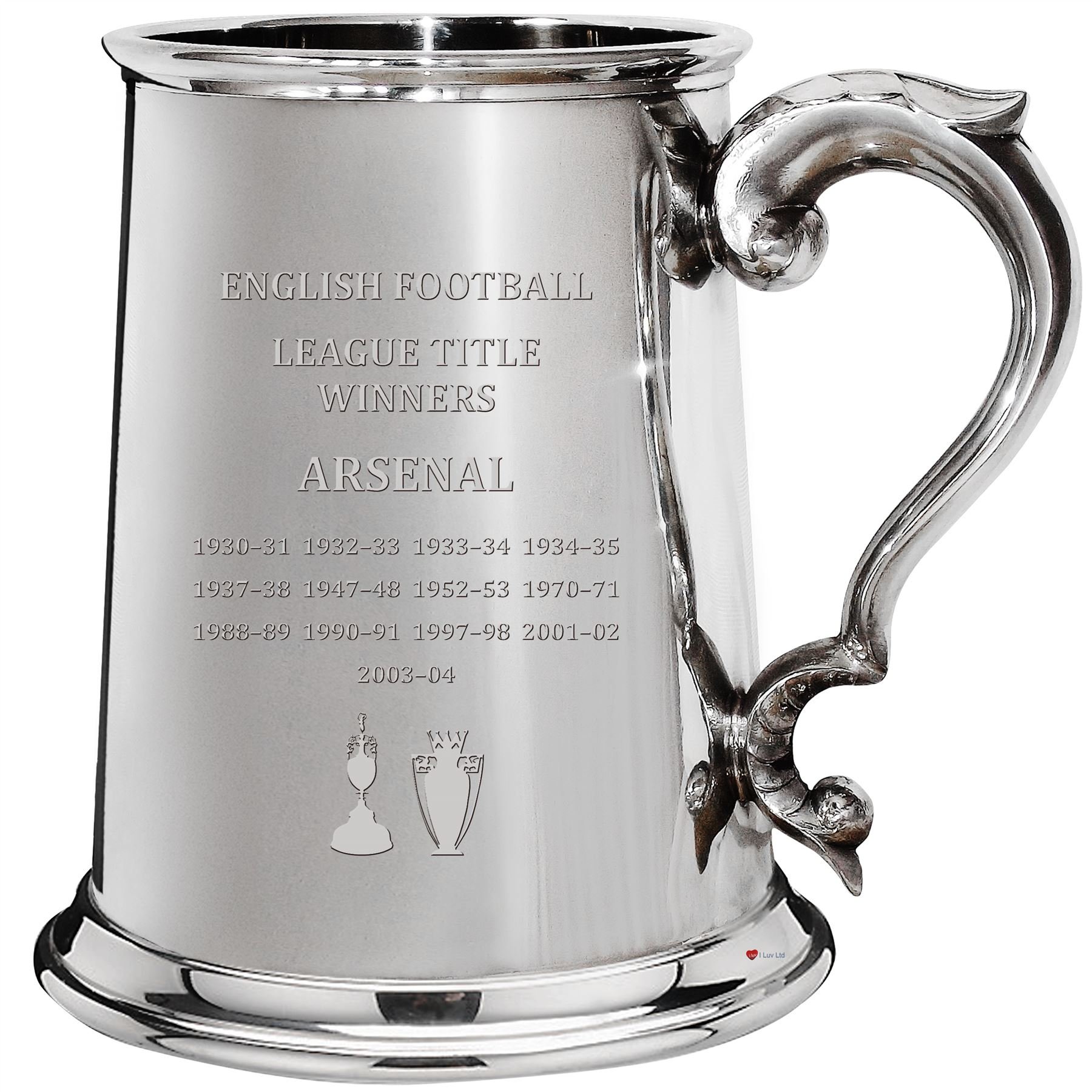 I LUV LTD 1 Pint Tankard for Arsenal Premiership & 1st Division English Football Titles Pewter Beer Mug