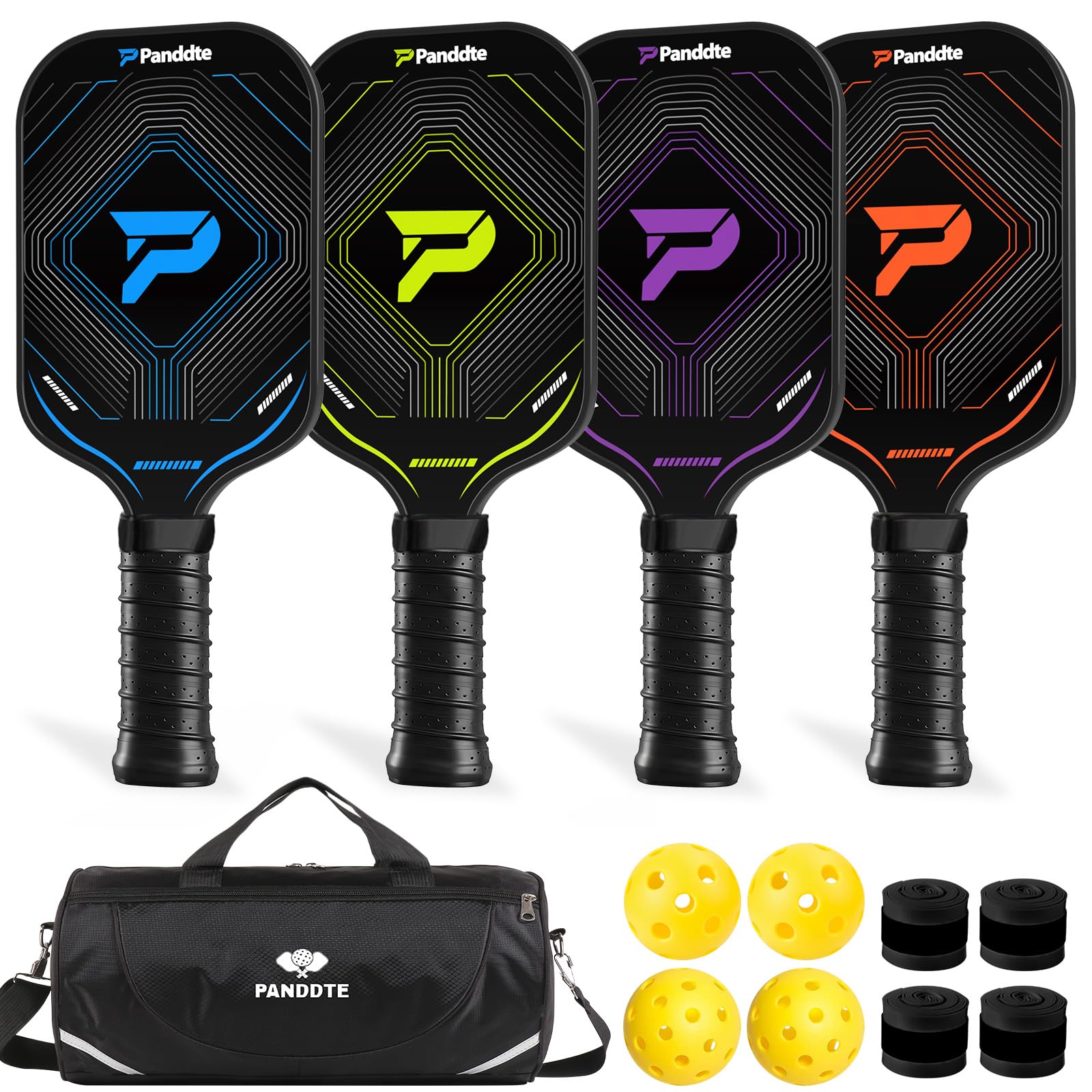 Raquettes Pickleball Set 4 Pièces, Kit Pickleball Complet avec Sac et Balles, Paddles Fibre de Carbone Légères, pour Débutant et Intermédiaire, Intérieur Extérieur