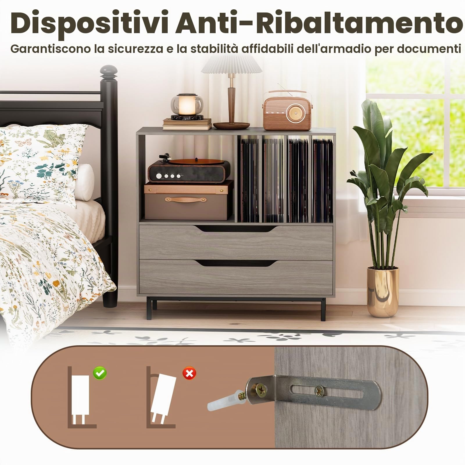 GIANTEX Mobile Porta Dischi in Vinile con Scomparti Aperti e 4 Separatori, Gambe Metalliche e Cassetti, Mensola in Legno per Sala Musica e Soggiorno