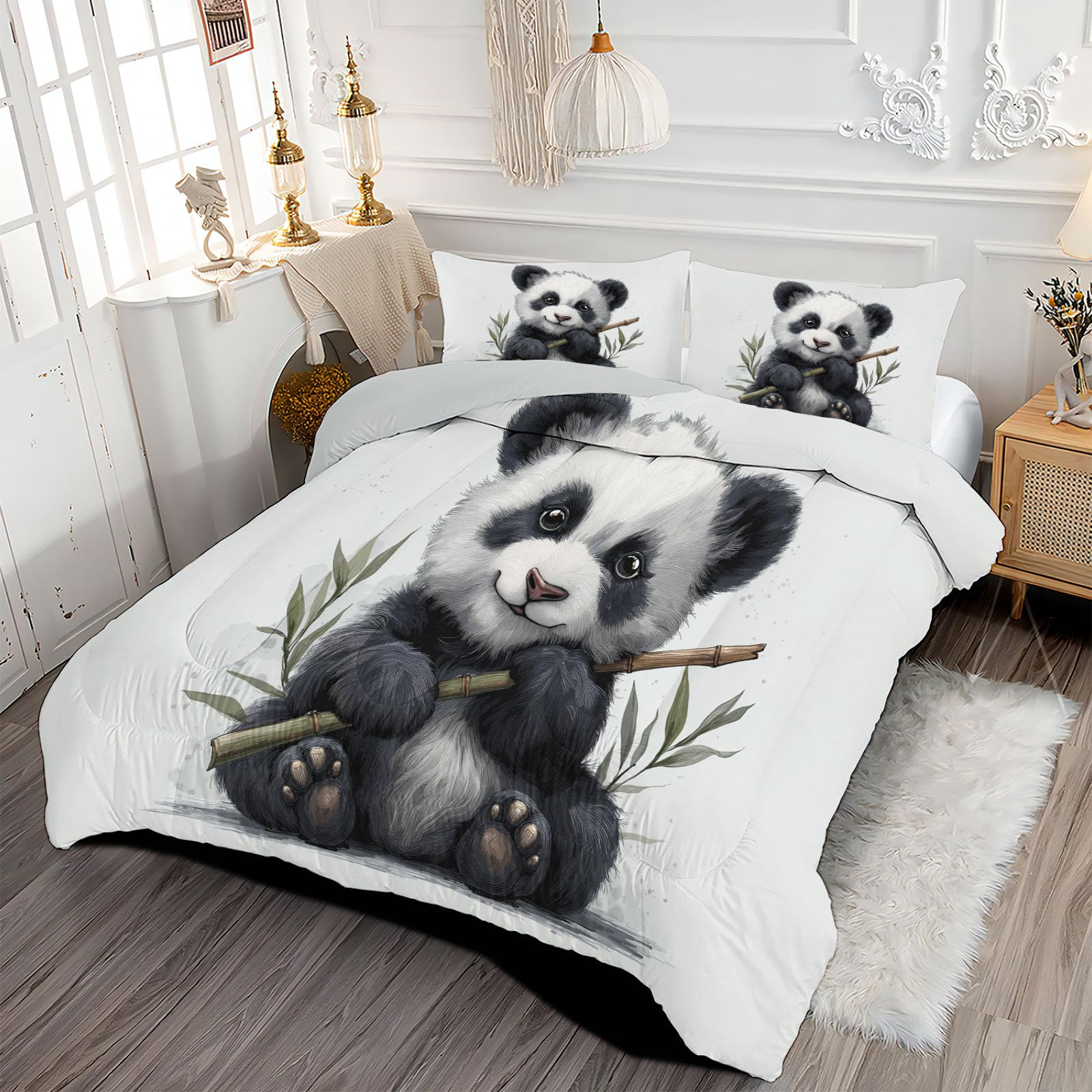 Trapunta Letto Singolo 4 Stagioni Piumone per Bambini, Cartone Animato Panda Bambù Leggero Carini Animali Set di Biancheria da Letto 140x200cm con 1 Federe,Piumino Lavabile In Lavatrice