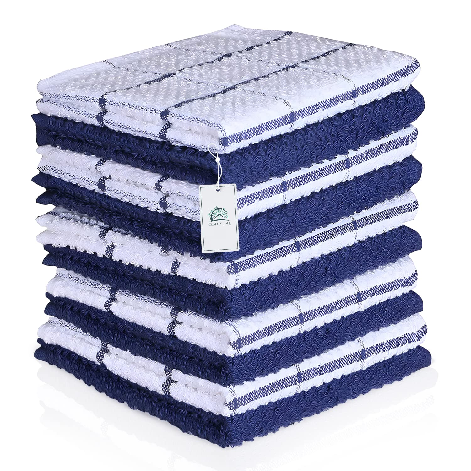 QUALITY HAULCotton Kitchen Towels, Super Soft Absorbent Kitchen Dish Towels for Drying Dishes, Hand Towels, Tea Towels, Picnic Towels, Set of 10 Cleaning Cloth, 30x30cm - Blue & White