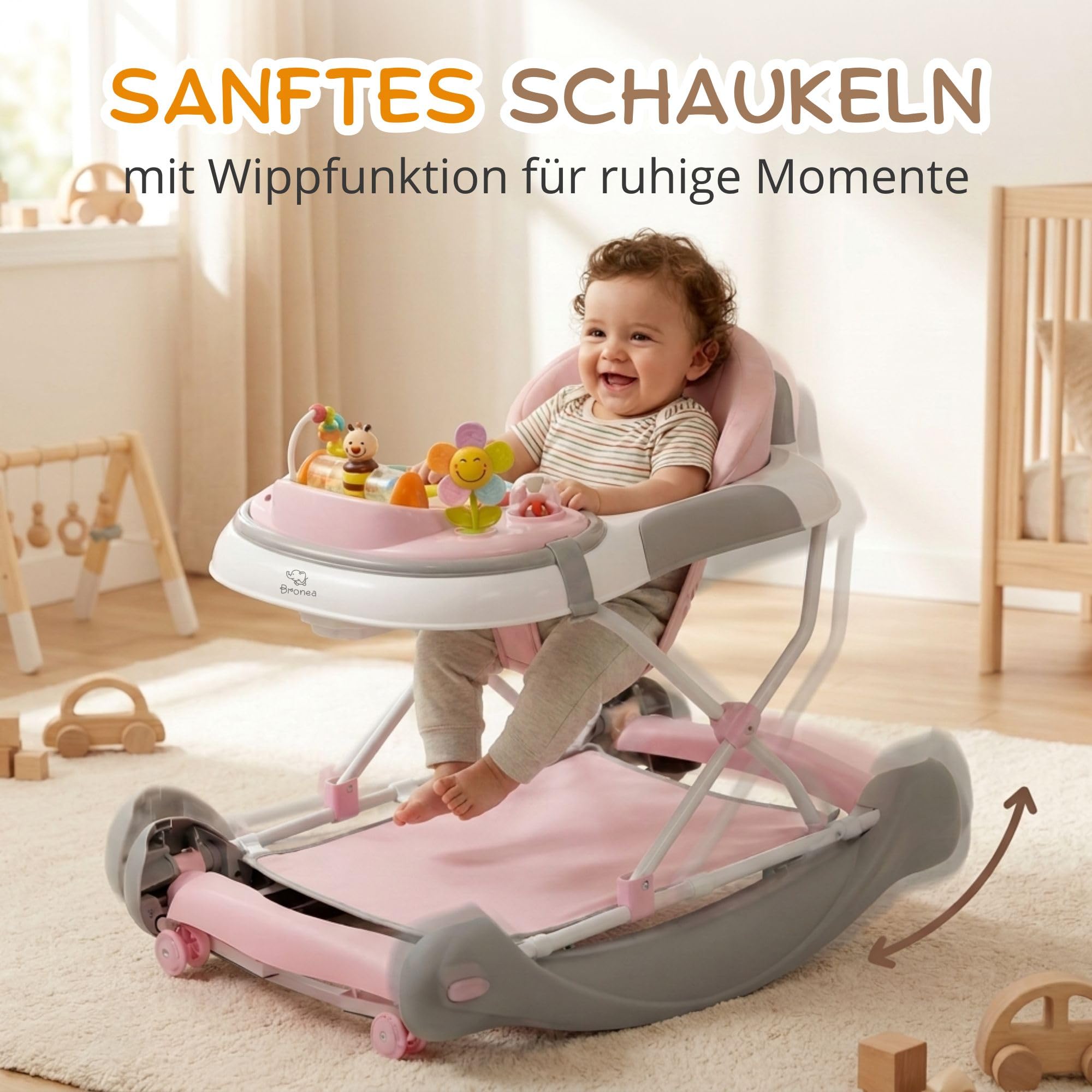4-in-1 Gehfrei Babywalker ab 6 Monate | Lauflernwagen mit Schaukelfunktion und Spielpaneel mit Musik | Höhenverstellbare und Klappbar | Lauflernhilfe mit leisen Rollen und Bremsen