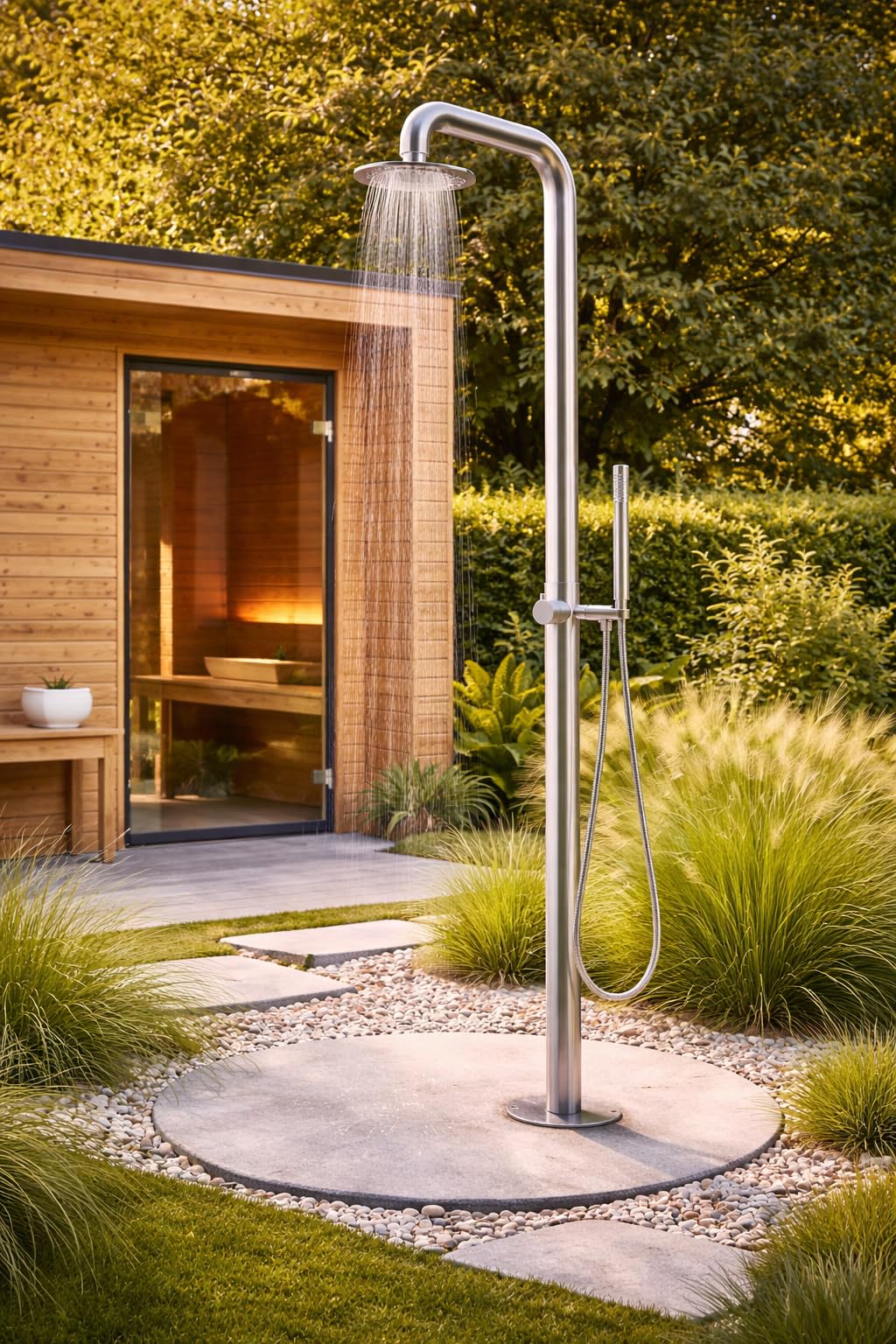 GardwellGartendusche 220 cm Outdoor Dusche mit Regenduschkopf Ø20 cm & Handbrause Pooldusche Edelstahl 304 gebürstet
