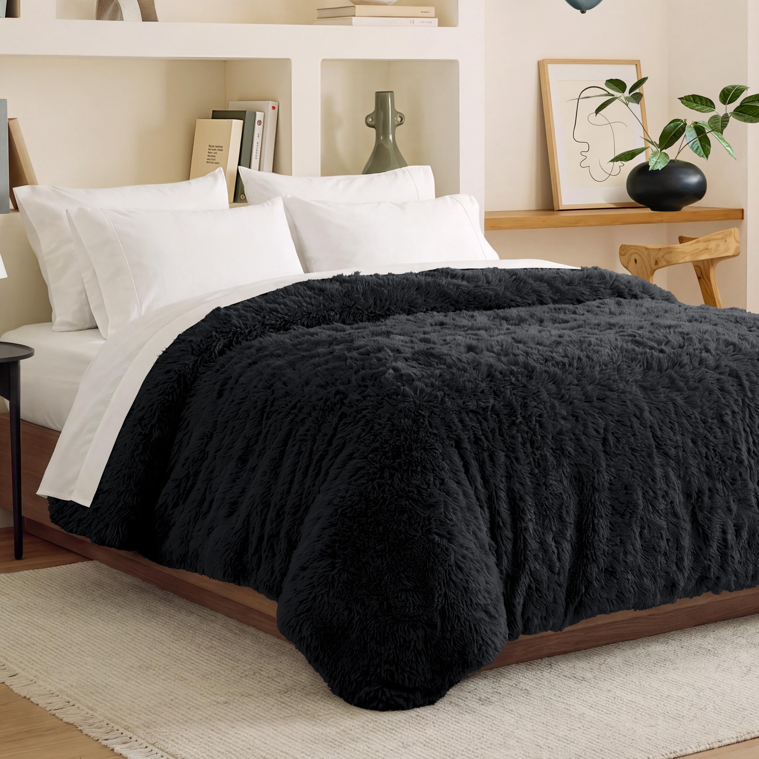 Bare Home Shaggy Fleece Duvet Cover Full Size - Plush Duvet Cover - Super Soft &amp; Luxury - Hidden Zipper Closure - All Season Bedding (Full, Black)