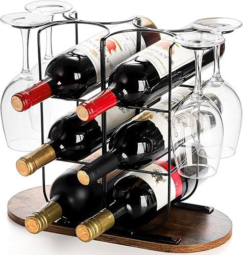 ZEAYEA Soporte de madera para vino, estante de vino para encimera para 6 botellas y 4 vasos, estante de almacenamiento de vino independiente para el