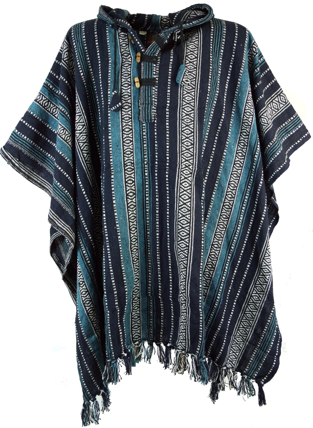 GURU SHOP Ponczo w stylu hippie, chic, etniczne ponczo, męskie/ damskie, niebieskie, z bawełny, rozmiar uniwersalny, kurtka z dzianiny, odzież alternatywa, niebieski/czarny, jeden rozmiar