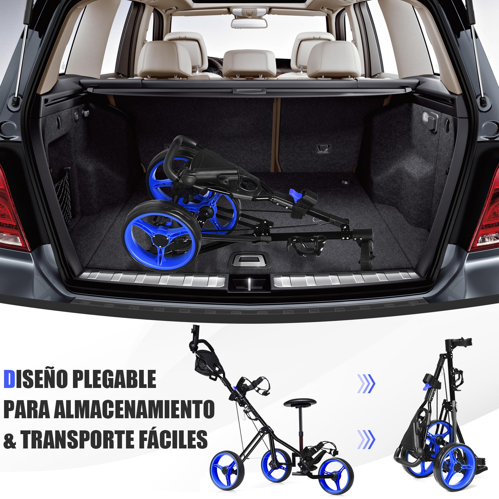 COSTWAY Carrito de Golf, Carrito de Golf Plegable con 3 Ruedas y Asiento, Mango de Altura Ajustable, Marcador, Portavasos, Paragüero, Freno de Pie, Ruedas Extraíbles
