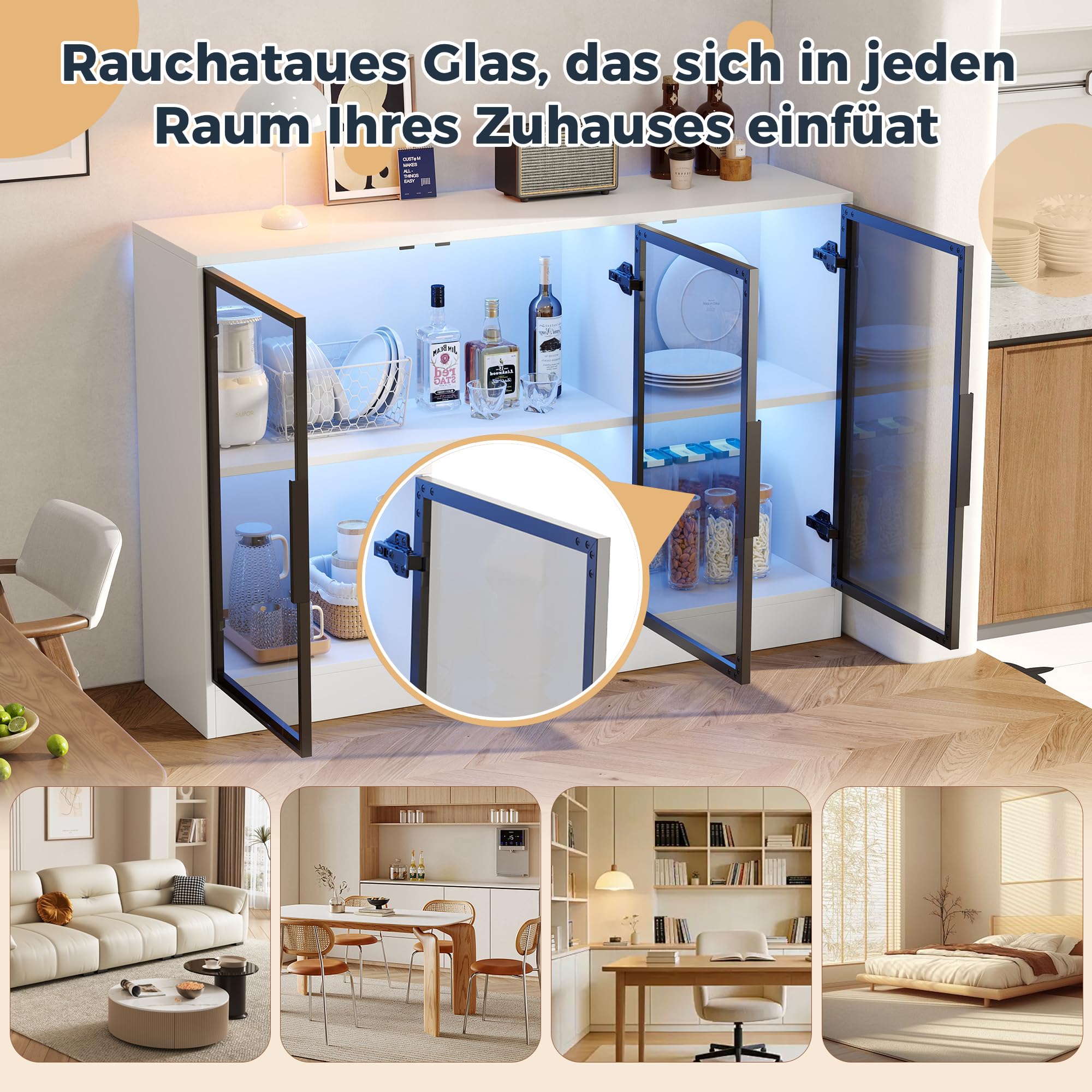 Witryna szklana, wymiary 120 x 30 x 73 cm – biała, z szarymi frontami szklanymi i wbudowaną taśmą świetlną LED, wszechstronne zastosowanie jako highboard, szafka prezentacyjna lub szafka