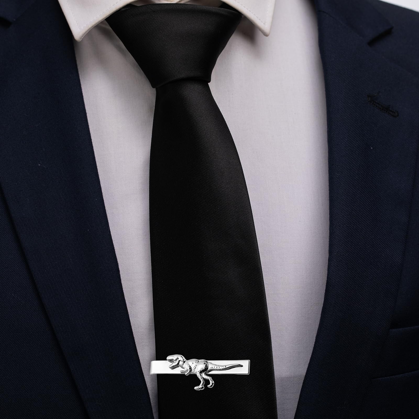 HAWSON 2 Inch Men's Jurassic Dinosaur Tie Clip Silver Tie Bar for Wedding, Paleontology Events, Cosplay Fossil-Inspired Groomsmen Accessories & Collector Gifts