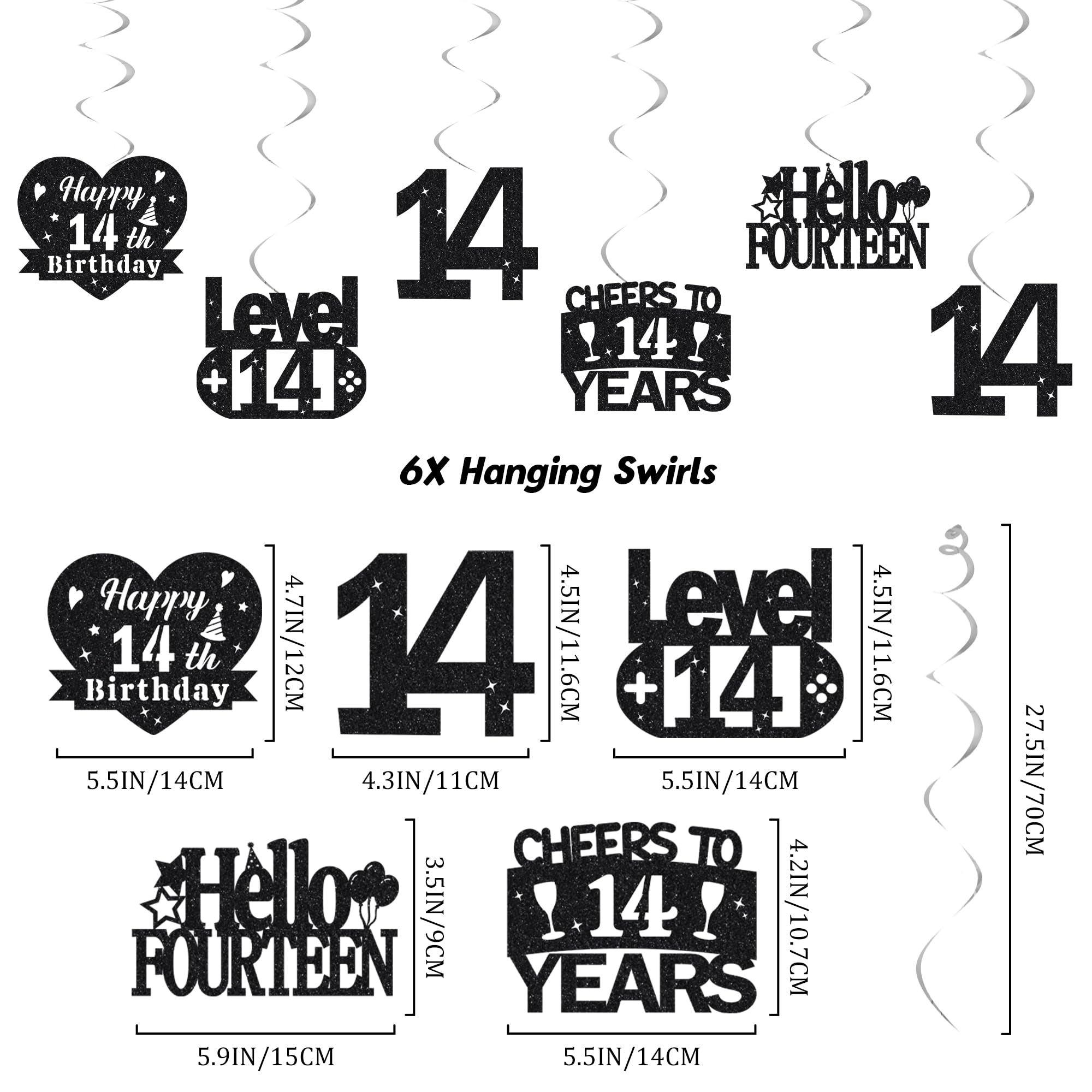 14th Birthday Decorations for Boys Girls - Black Silver Glitter Happy 14th Birthday Letter Banner and Pennant Flags, Number 14 Foil Balloons and Hanging Swirls for 14 Years Old Children Party Supplies - 3