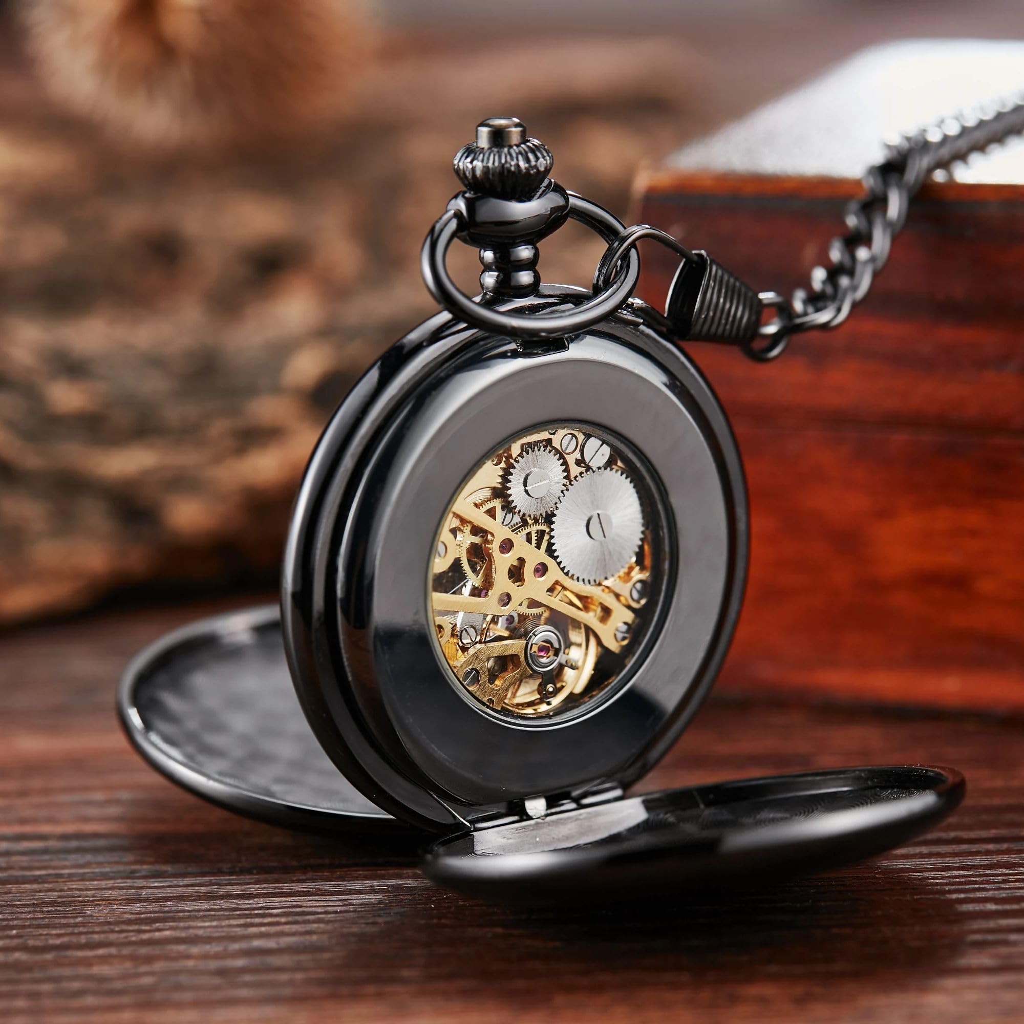 Reloj de Bolsillo mecánico clásico Doble Cara con Cuerda Manual y Superficie Lisa números Romanos ahuecados for Hombres Mujeres(Black)