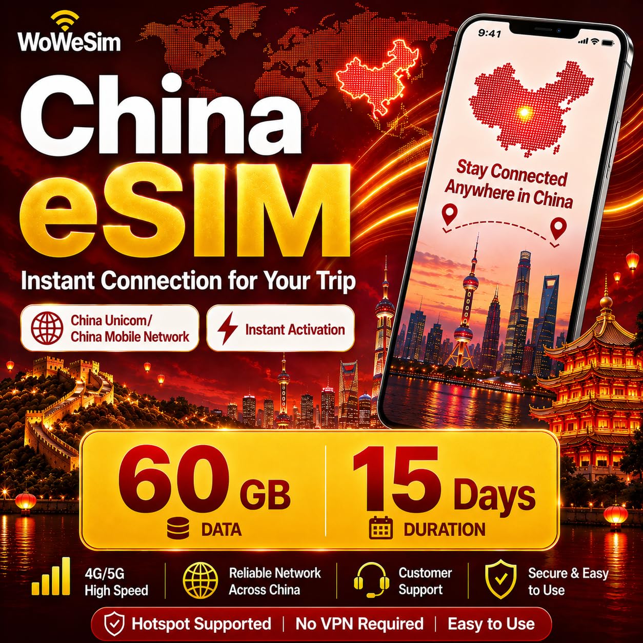 China eSIM 60GB - 15 Days 5G LTE Hotspot No Physical SIM