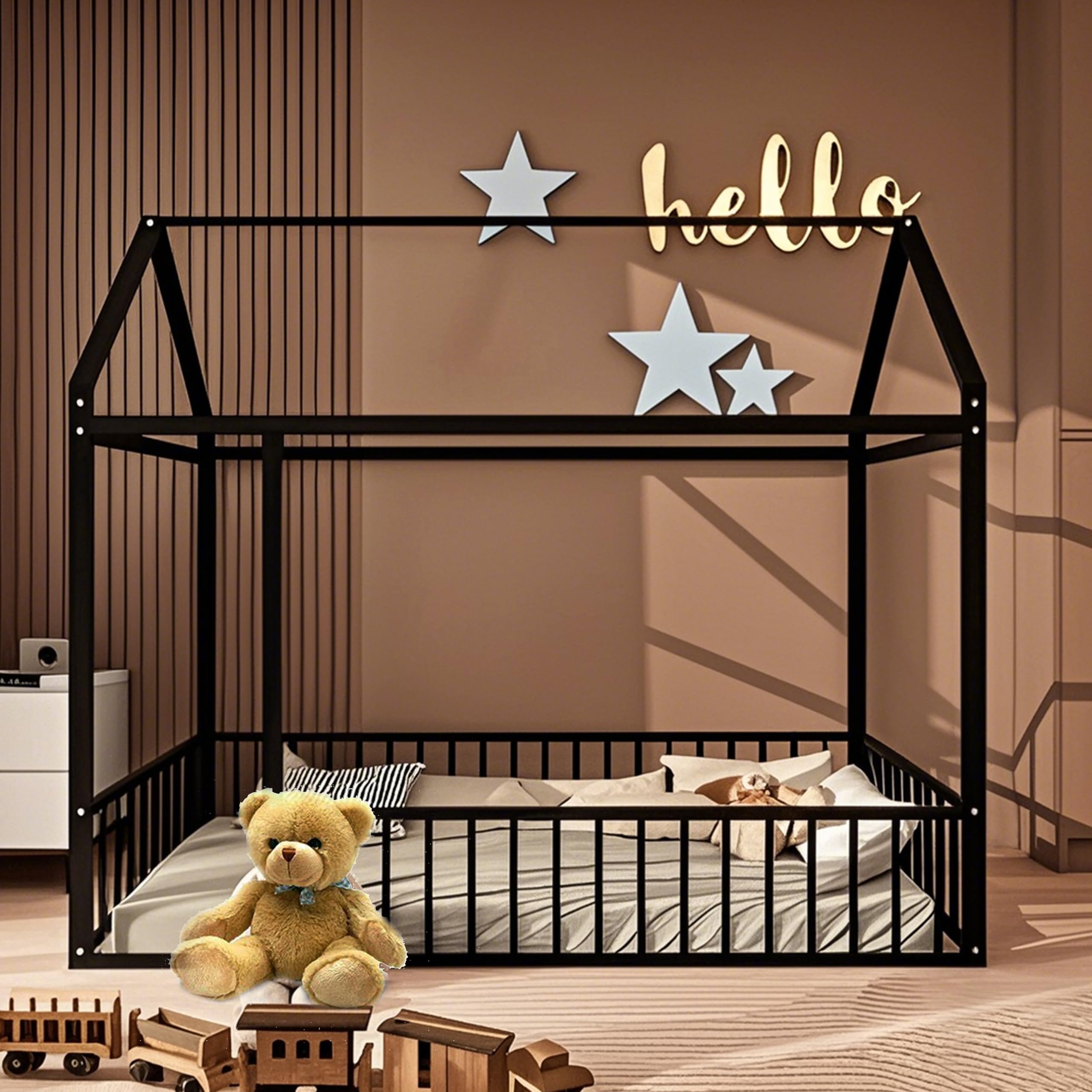 Anwick Twin Size Metal House Bed, Montessori Bed with Fence and Roof Toddler Floor Bed, Metal House Bed Frame with Safety Guardrail Playhouse for Girls, Boys No Box Spring Needed (Black)