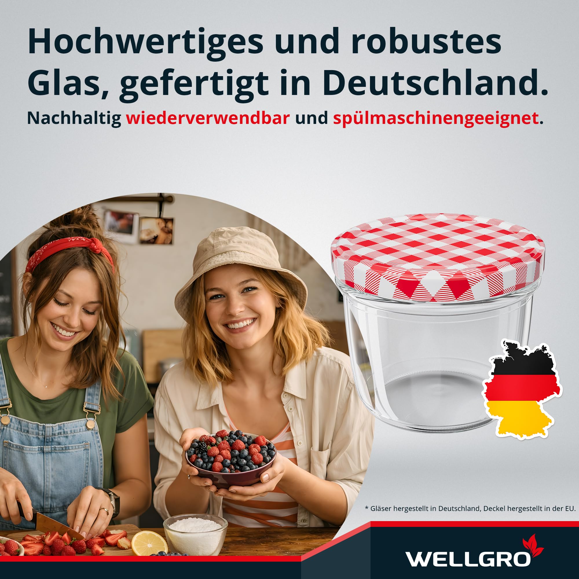 WELLGRO 50x Einmachgläser 230ml – Schraubdeckel TO82 rot kariert – Made in Germany – Vorratsgläser, Marmeladengläser, Aufbewahrungsgläser & Gärgläser
