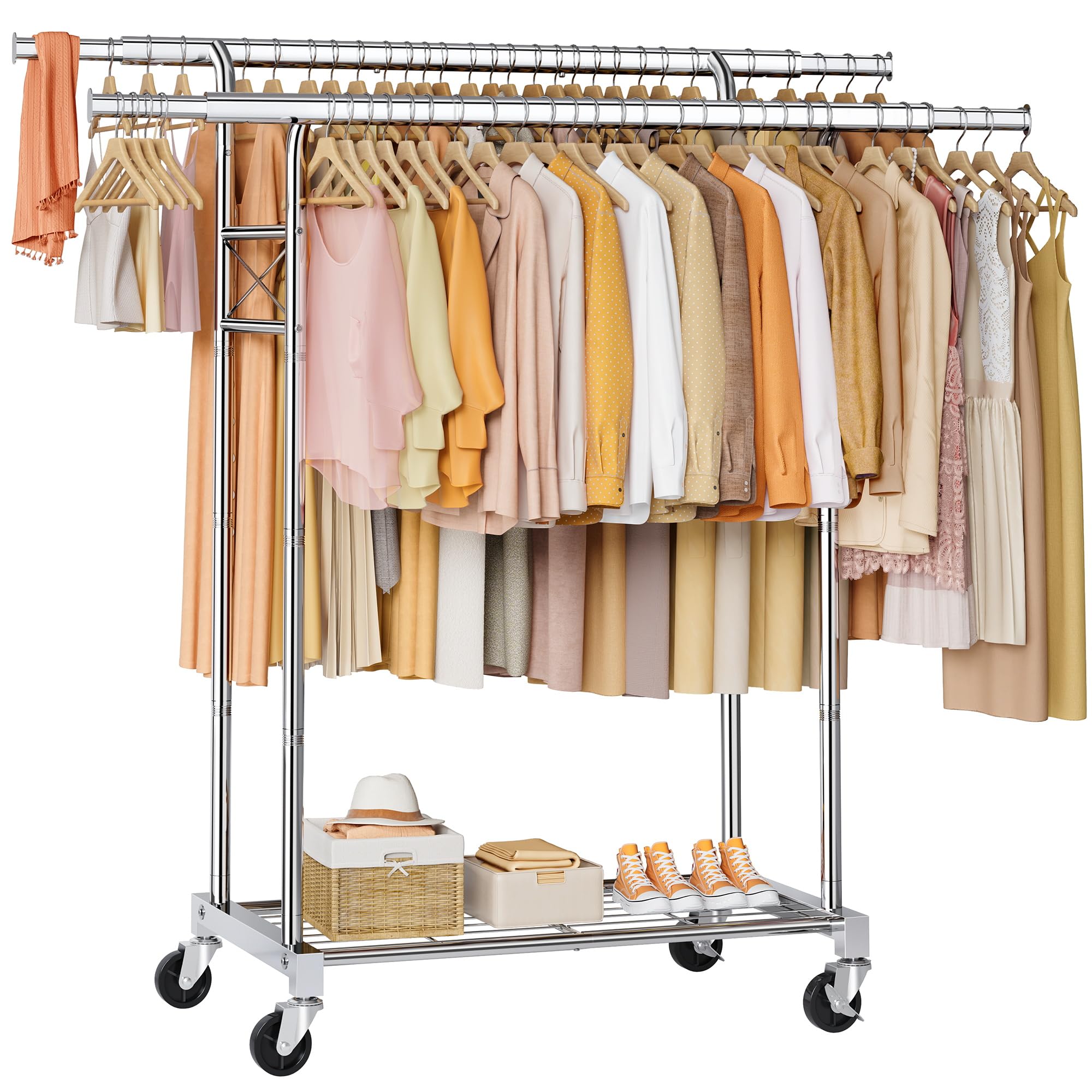 FAVOOSTY Heavy Duty Clothes Rail Doule Rods Clothes Rack with Storage Shelves Extendable Hanging Rails for Clothes for Bedroom Laundry Living Room Office Shop, Silver