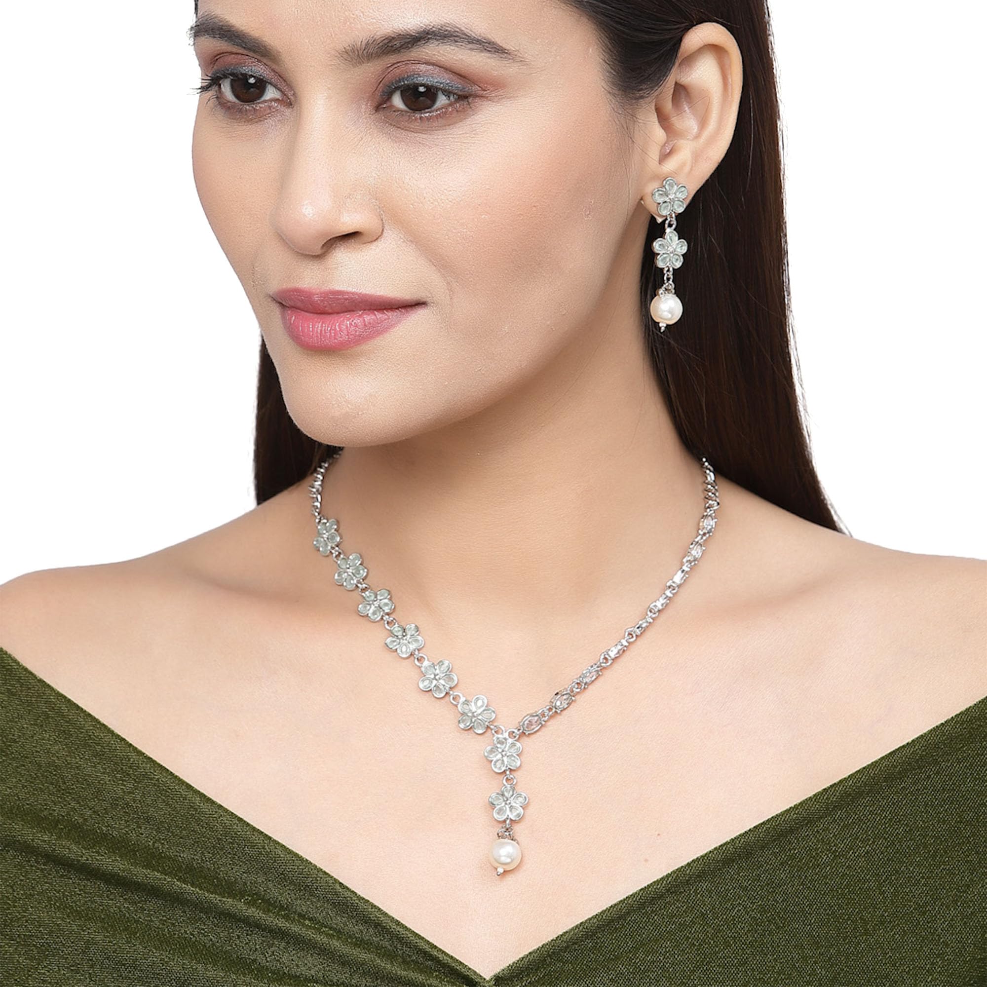 Oxidised Silver-Plated Flower American Diamond Necklace Earrings Set