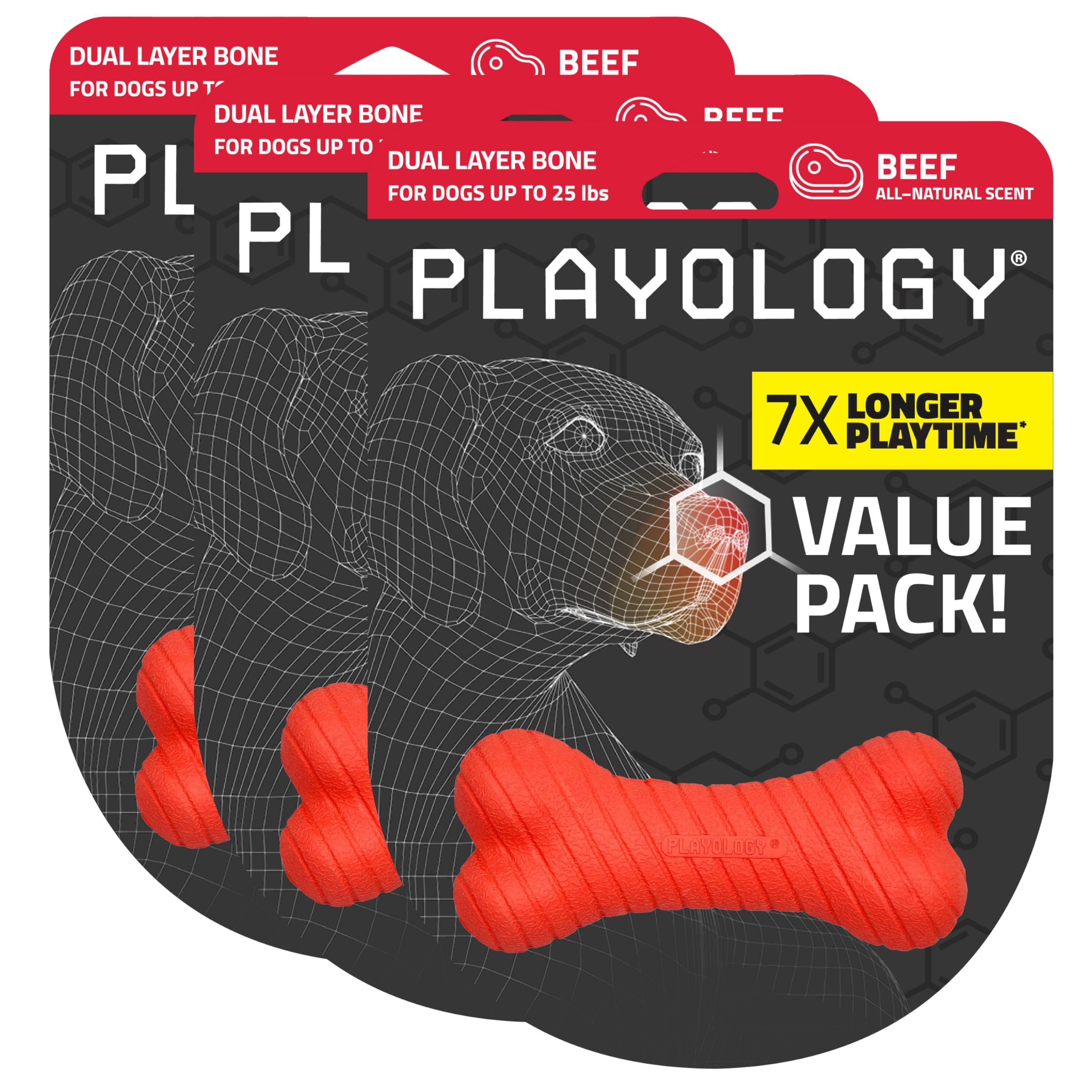 Playology Doppelschichtiger Knochen, natürliches Rindfleischduft, 3er-Pack, roter Knochen für kleine Hunde bis zu 11,3 kg, interaktiv und langlebig für harte Kauer