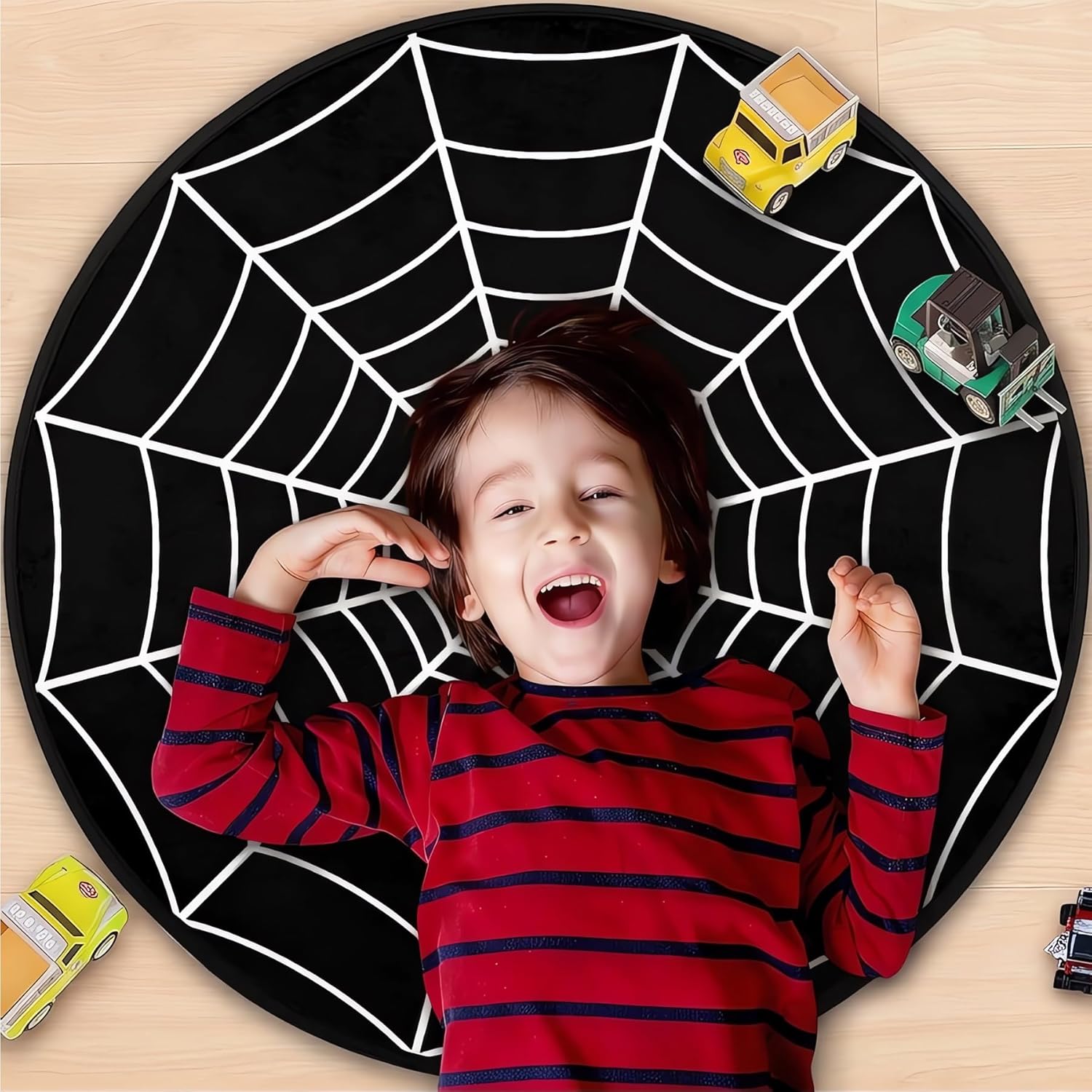Round Area Rug 3Ft - Black Spider Web Circle Entryway Rugs Washable Door Mat for Boys Bedroom Sofa Living Room Nursery Decorations, Non-Slip Floor Carpet Aesthetic Comic Decor