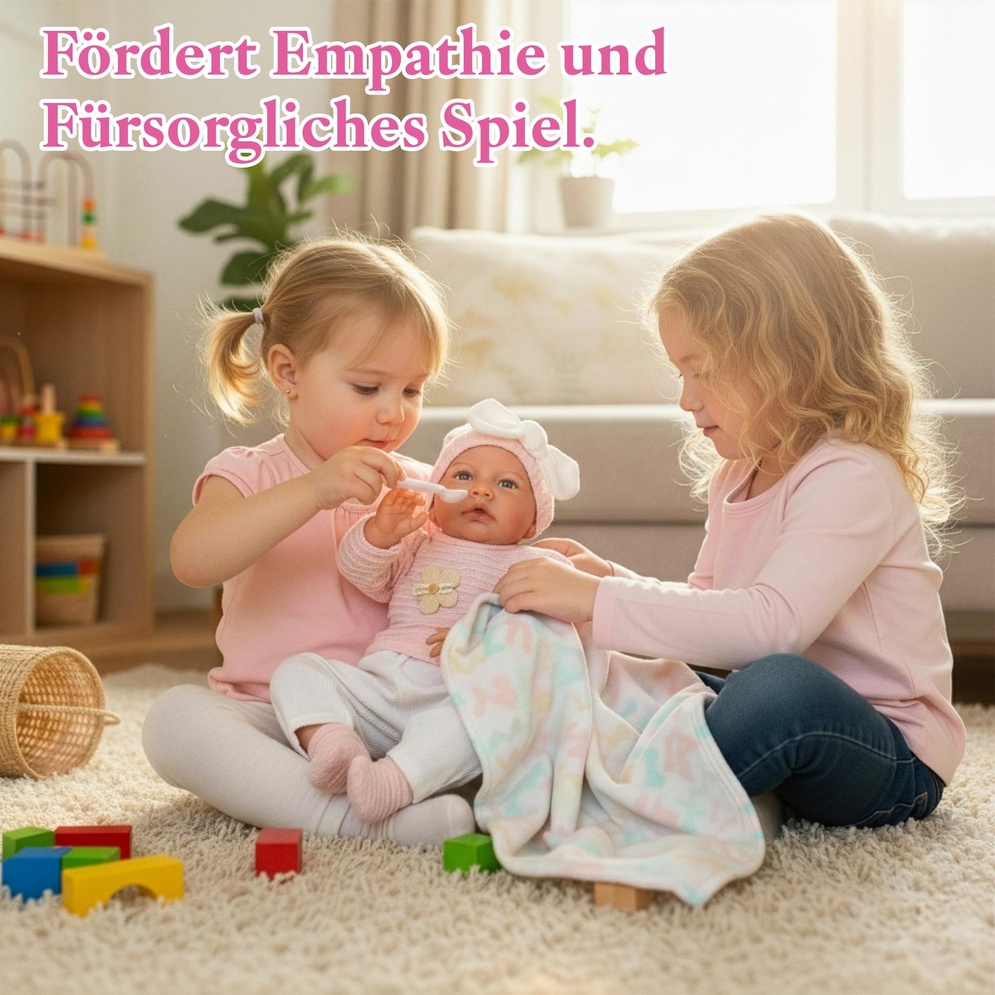 Kinderplay Lili Babypuppe 41 cm, realistische Weichkörperpuppe mit Geräuschfunktion und Schnuller, rosa Outfit, waschbare Kleidung, interaktive Puppe ab 3 Jahren, CE, Modell KP4204