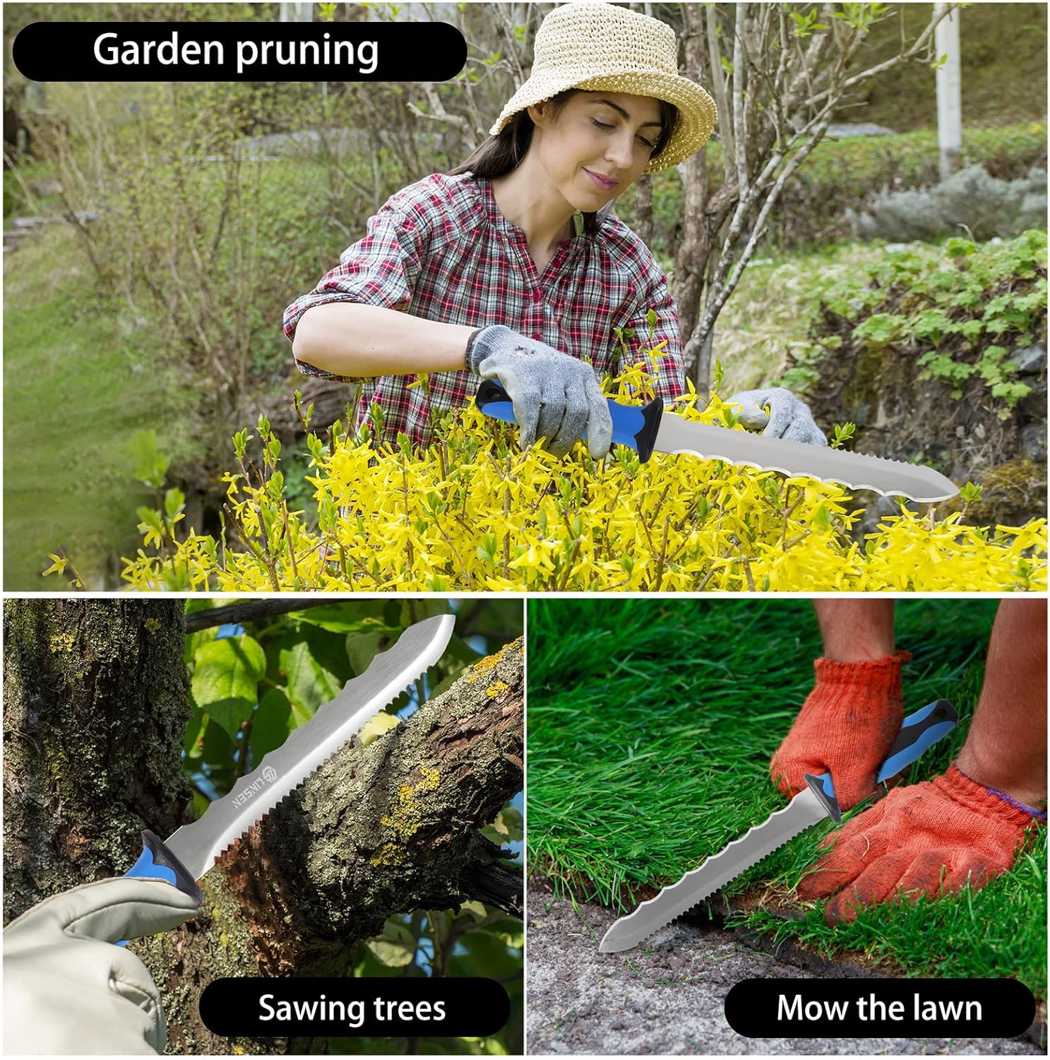 Liphontcta Linsen-Outdoor Stainless Steel Garden Knife with 7.8" Blade and New Bule Handle, Double Side Utility Sod Cutter Lawn Repair Garden Knife with Nylon Sheath
