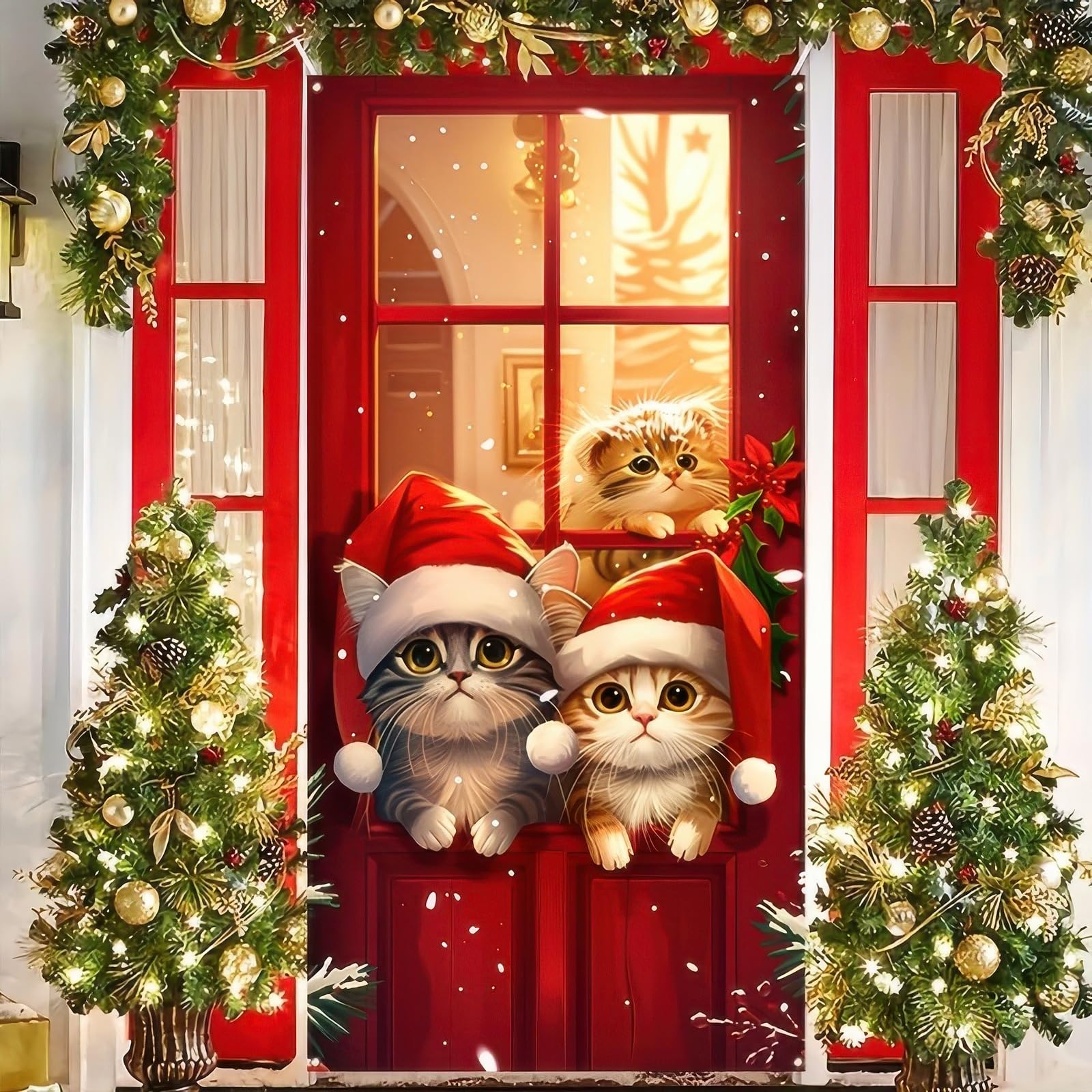 BlissYard Christmas Door Cover 71x35 Inch Cute Cat Door Banner, Merry Christmas Winter Porch Sign with Santa Hat Cats, Holiday Entry Decor Indoor