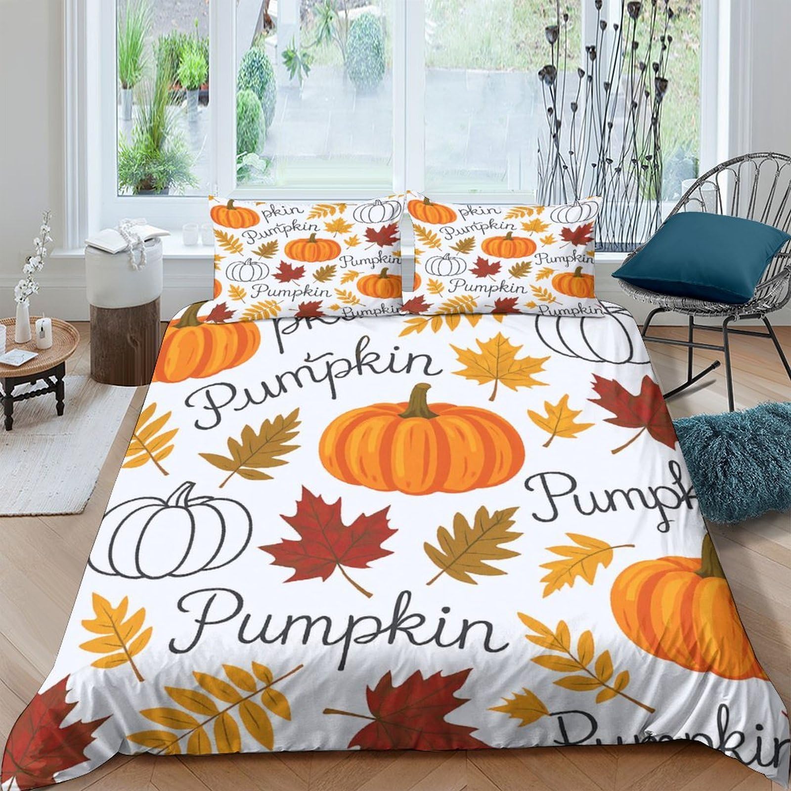 Ctjqhvkz Style-2 3D Printed Pumpkin Maple Leaf Fitted Sheet Microfiber Autumn Leaves Bed Cover For Bedroom Guest Room Decor Single（135X200cm）