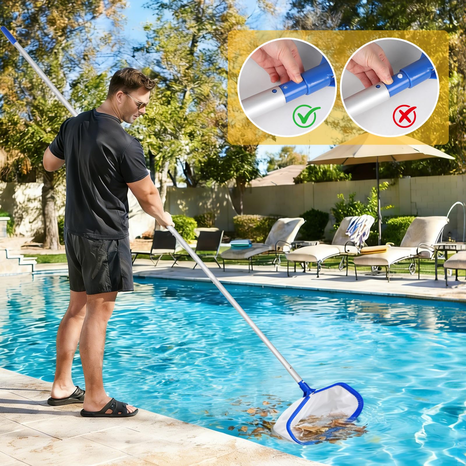 Recogedor para Piscina, Red de Limpieza con Mango Ajustable 2,7m Red Doble Capa para Estanque, Red Profunda para Piscina, Acuario, SPA - Tipo B (Marco Azul Aluminio, Red Fina Blanca Profunda)