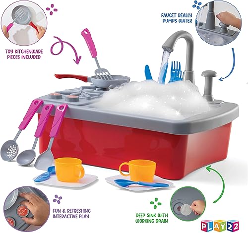 Miniatura 4 de Play22 Fregadero de juego para niños de 17 piezas con agua corriente, juguete para fregadero de cocina, juguete para fregadero para niños pequeños