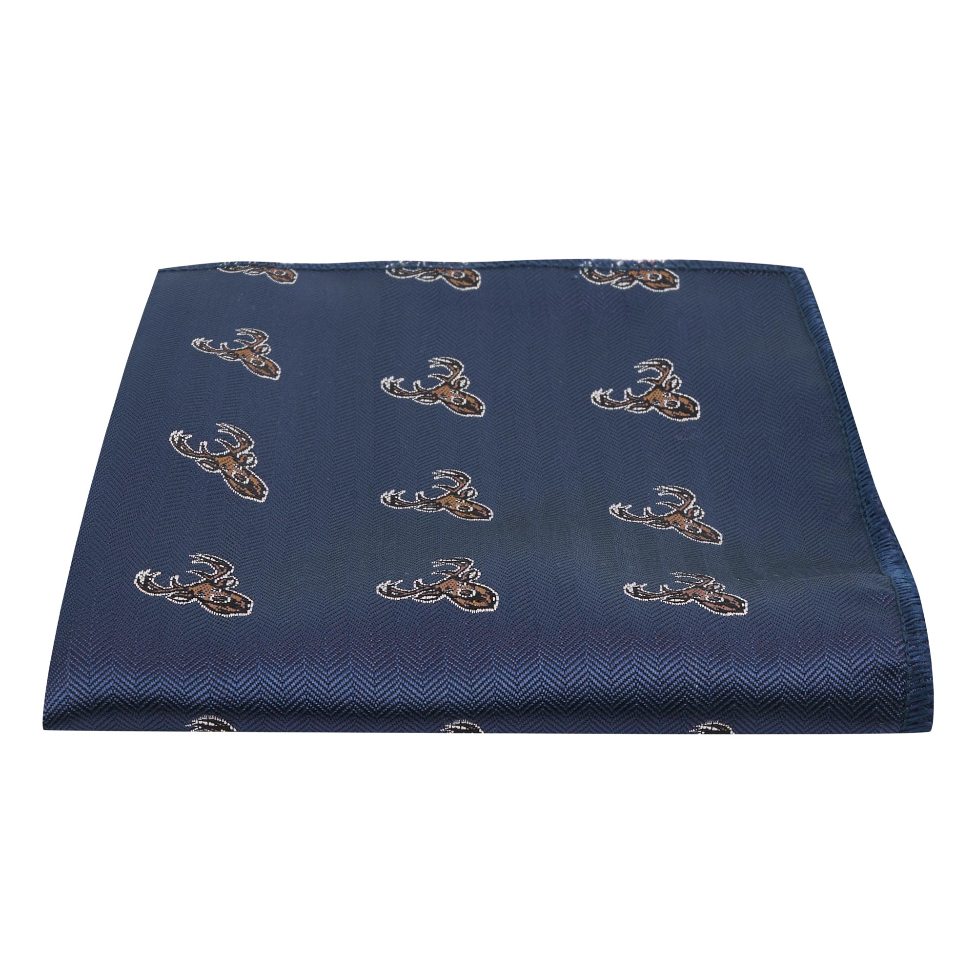 Navy Blue Herringbone Embroidered Stag Head Pocket Square, Handkerchief