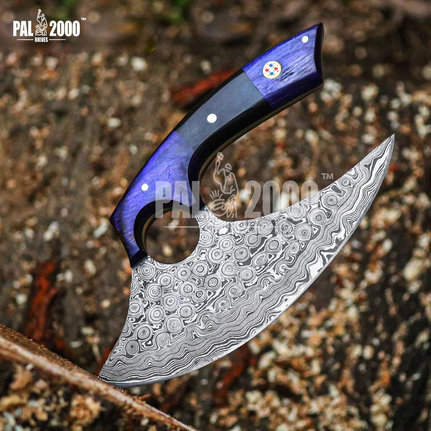 Knives - Alaskan Ulu - Mezzaluna Ulu Knife - Pizza Cutter Ulu - Traditional Ulu - Handmade Damascus Steel - Stabilized Handle - Ulu Knife - Vegetable Chopping Ulu