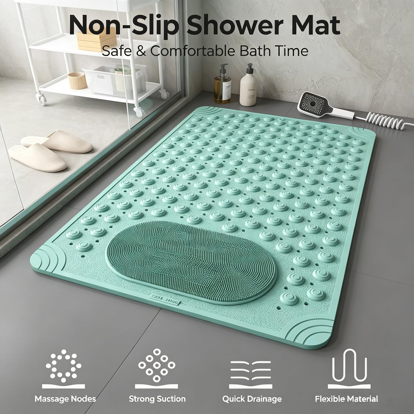 Antideslizante para Ducha material TPE ecológico Alfombra Bañera 36.5x69/50x80/59x89cm potente ventosa con Drenaje Enrollable Secado Cuenta con una zona cepillado cerdas suaves suelos encharcados