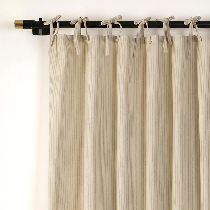 Gauze Striped Curtains, Boho Linen Gauze Tie Top Hanging Curtains Light Filtering Door Window Treatment 2 Panel Curtain Drapes for Living Room Home Décor Grey on Beige (72"x42" Each Panel)