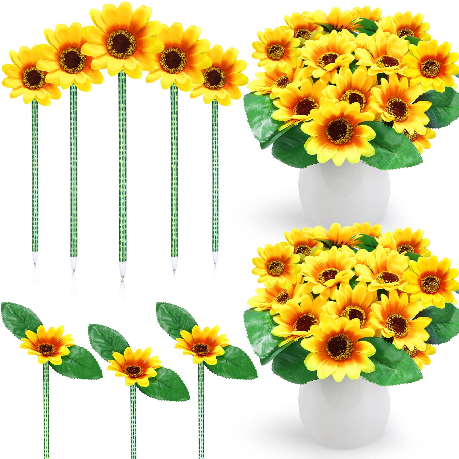 Fumete 72 Pack Sunflower Pens Set Artificial Yellow Flower Ballpoint Pens Faux Daisy Pens Sunflower Party Favor Plastic Writing Floral Pens for Office